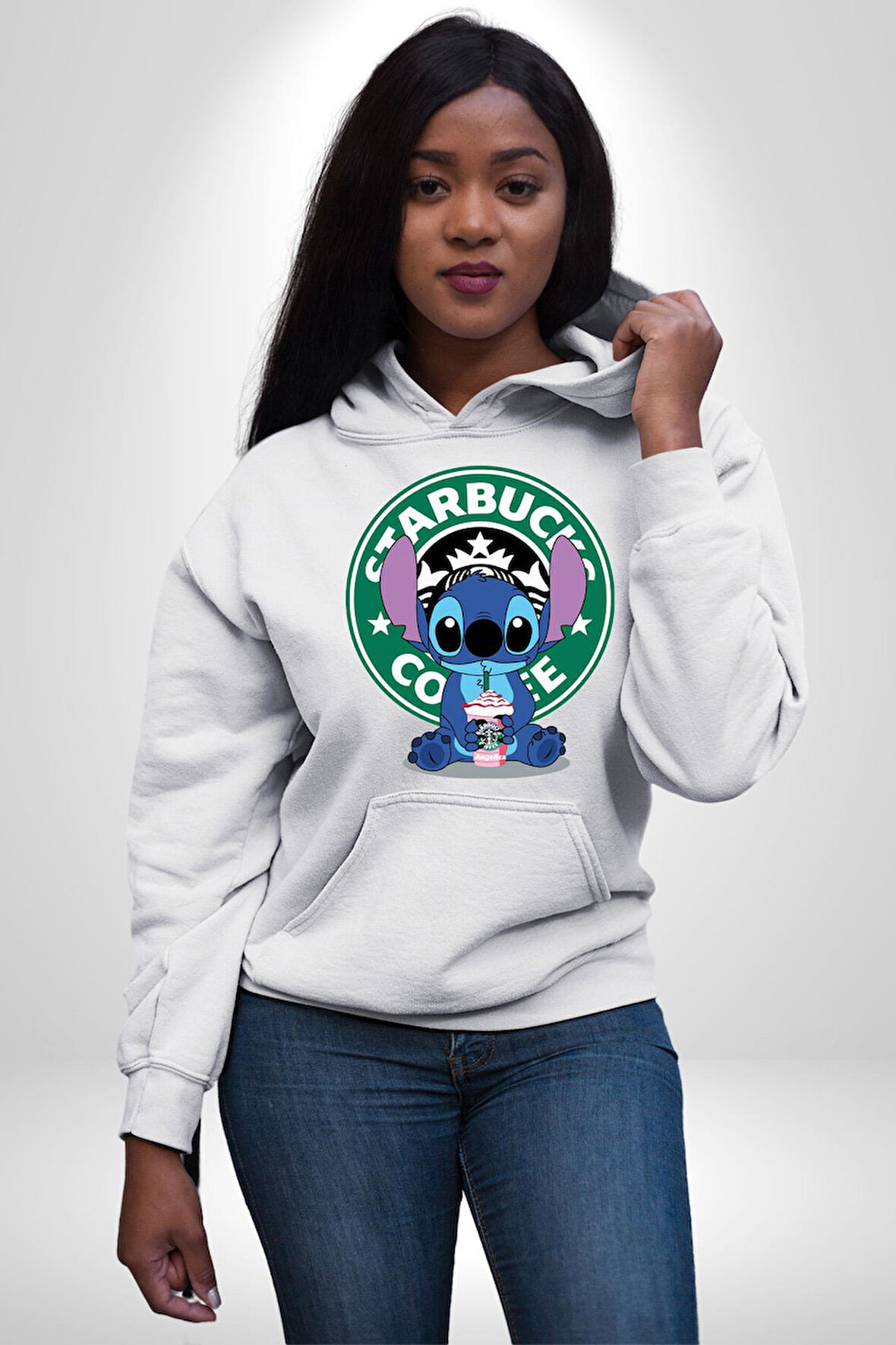Stitch Kahve Keyfi Tasarımı Erkek Kadın Beyaz Dijital Baskılı Kapüşonlu Sweatshirt Hoodie