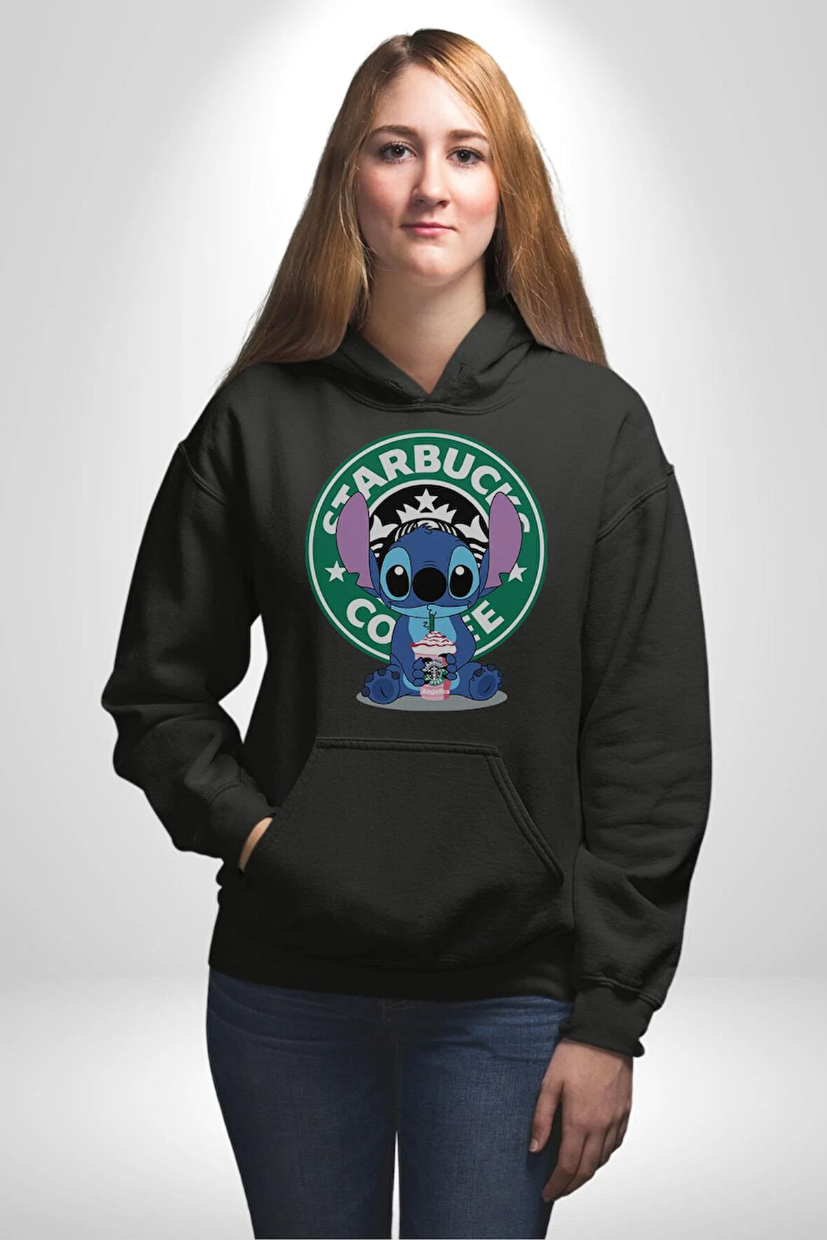 Stitch Kahve Keyfi Tasarımı Erkek Kadın Siyah Dijital Baskılı Kapüşonlu Sweatshirt Hoodie