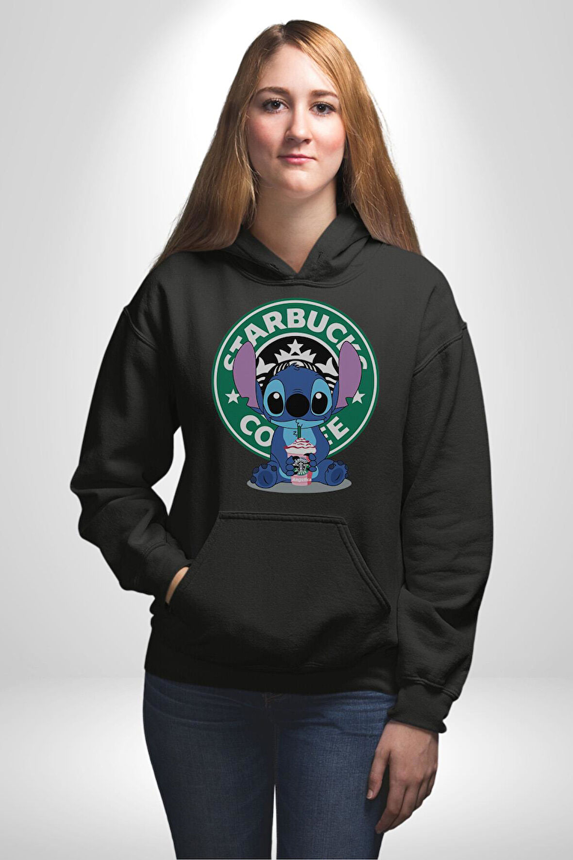 Stitch Kahve Keyfi Tasarımı Erkek Kadın Siyah Dijital Baskılı Kapüşonlu Sweatshirt Hoodie