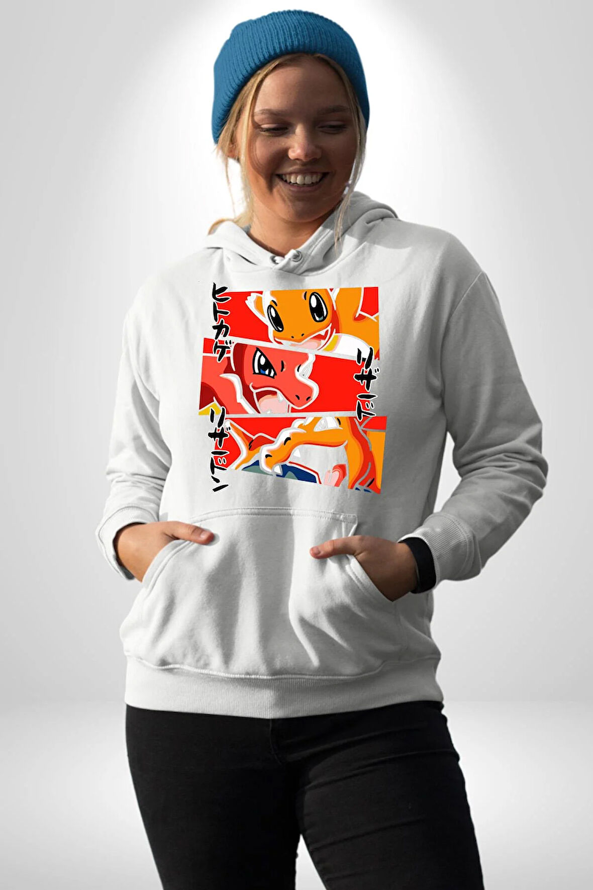 Charmander, Charmeleon ve Charizard Evolution Erkek Kadın Beyaz Dijital Baskılı Kapüşonlu Sweatshirt Hoodie