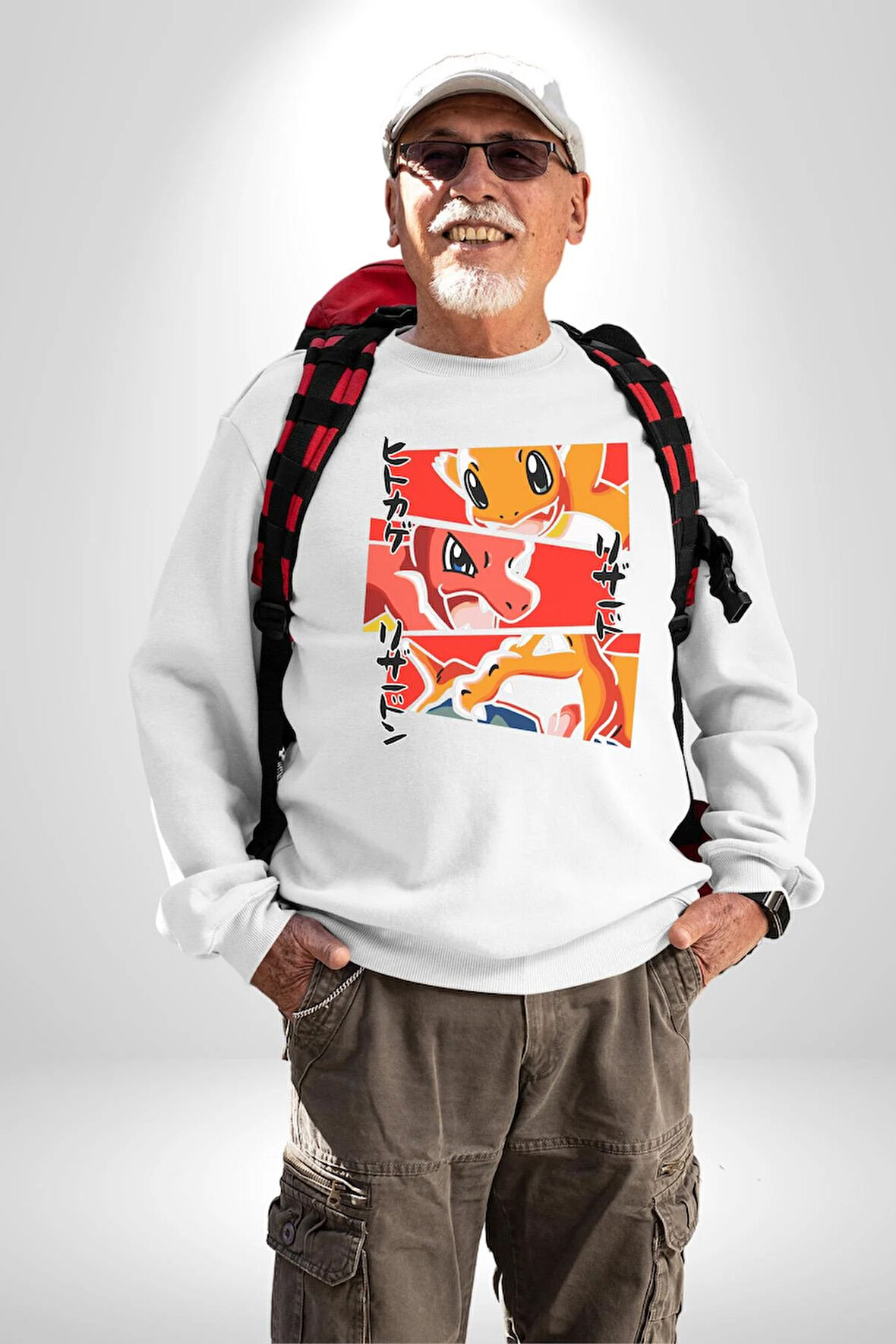 Charmander, Charmeleon ve Charizard Evolution Erkek Kadın Unisex Dijital Baskılı Beyaz Sweatshirt
