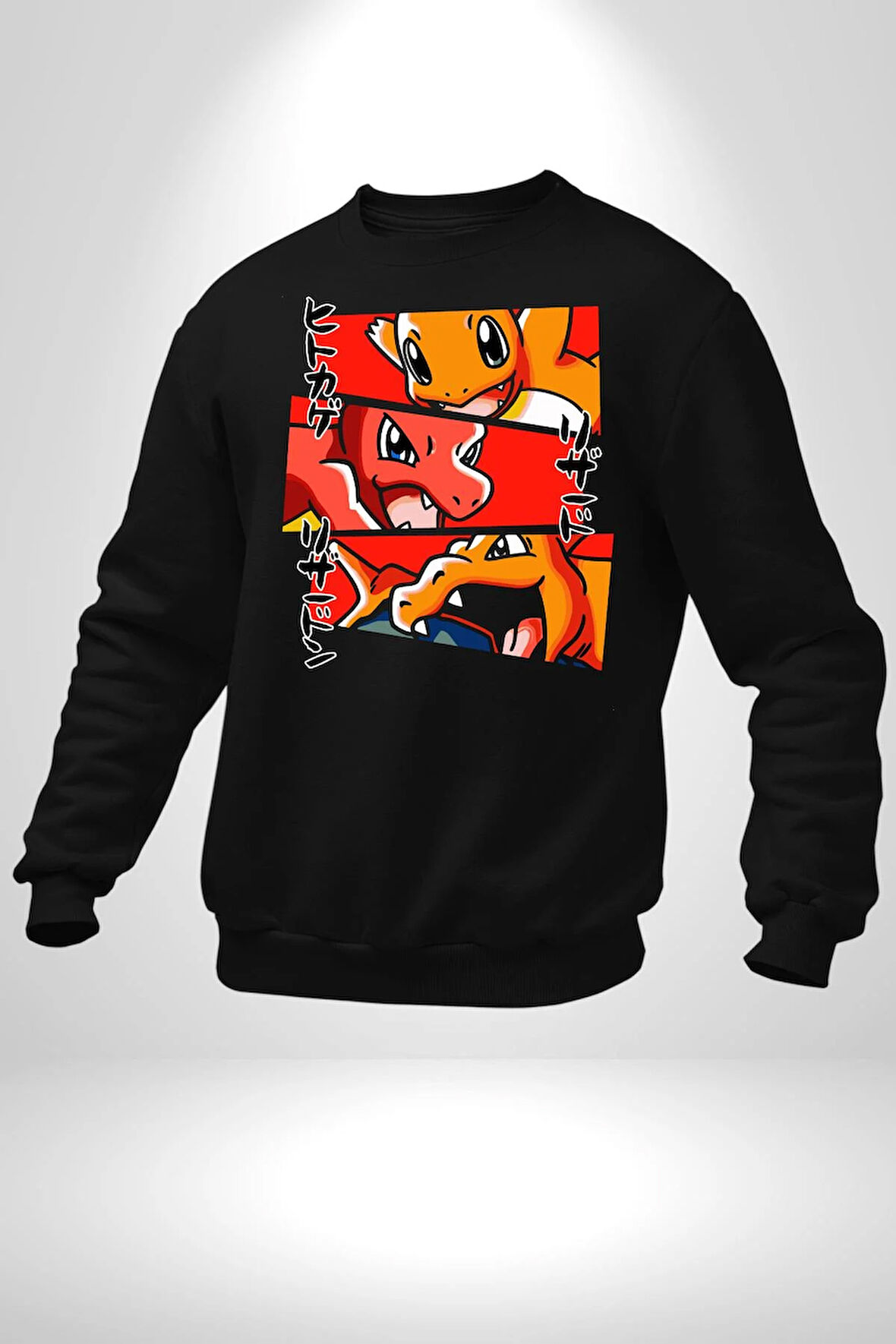 Charmander, Charmeleon ve Charizard Evolution Erkek Kadın Unisex Dijital Baskılı Siyah Sweatshirt