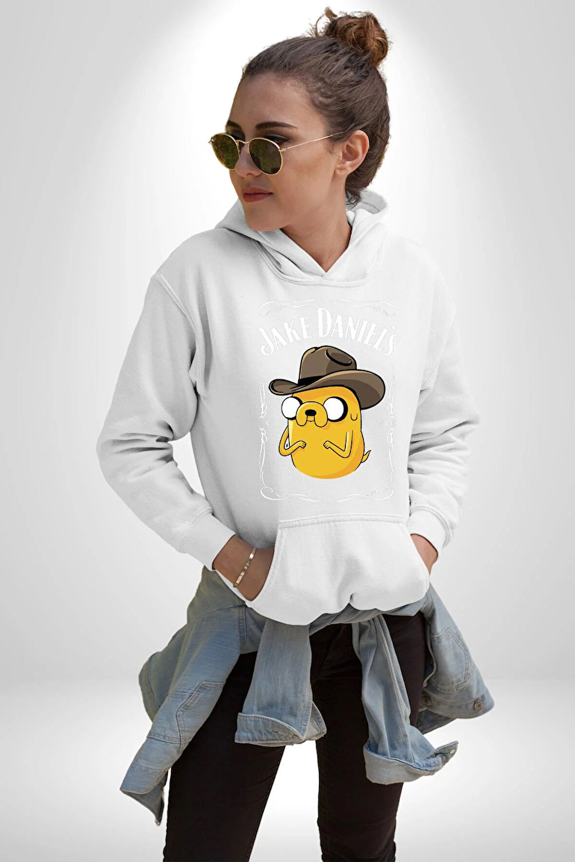 Pop Kültür Jake Daniel's Adventure Time Logo Erkek Kadın Beyaz Dijital Baskılı Kapüşonlu Sweatshirt Hoodie