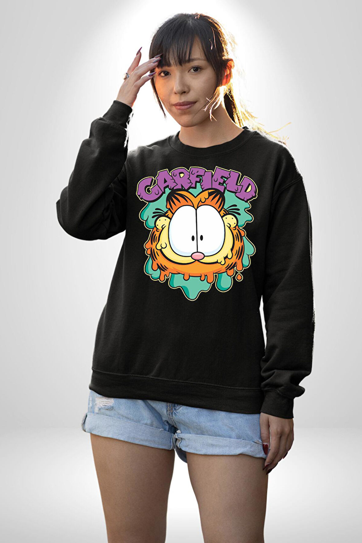 Garfield Kedi Çizgi Film Erkek Kadın Unisex Dijital Baskılı Siyah Sweatshirt