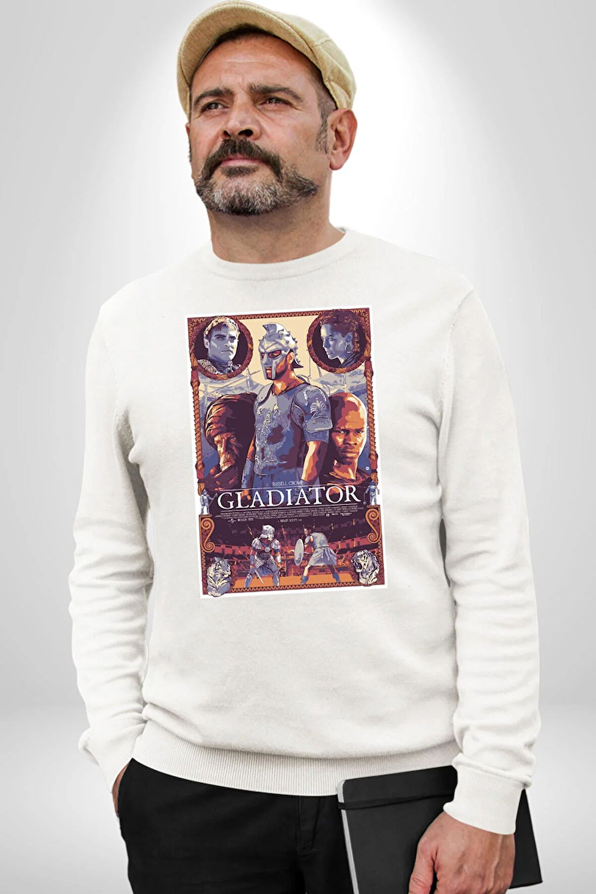Gladiator Russel Crowe Desenli Erkek Kadın Unisex Dijital Baskılı Beyaz Sweatshirt