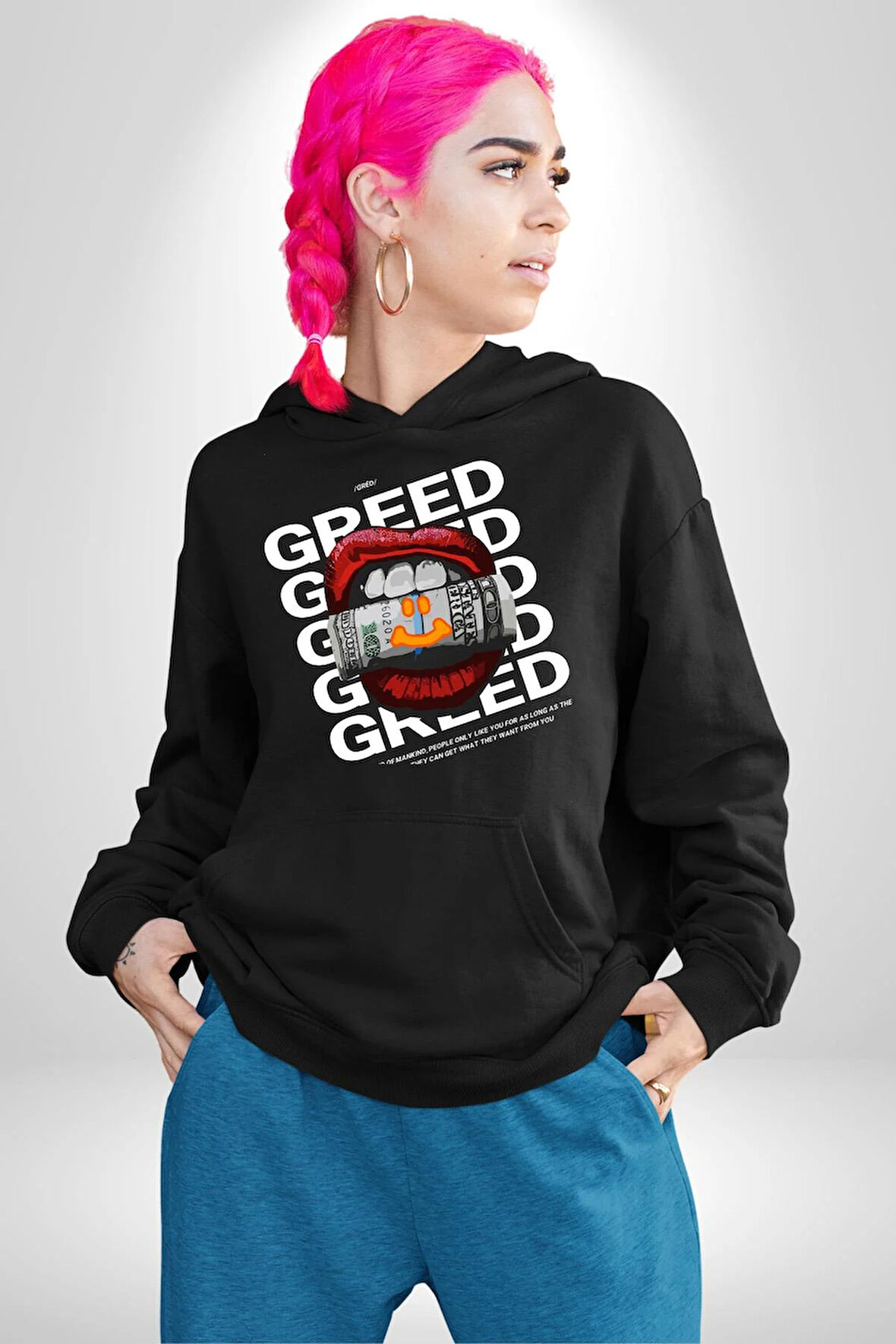 Dudak Dolar Açgözlülük Simgesi Erkek Kadın Siyah Dijital Baskılı Kapüşonlu Sweatshirt Hoodie