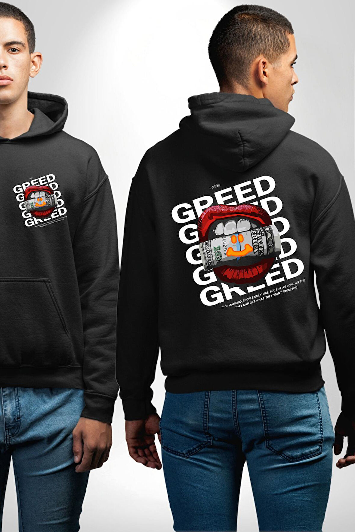 Dudak Dolar Açgözlülük Simgesi Erkek Kadın Siyah Ön Sırt Baskılı Kapüşonlu Sweatshirt Hoodie
