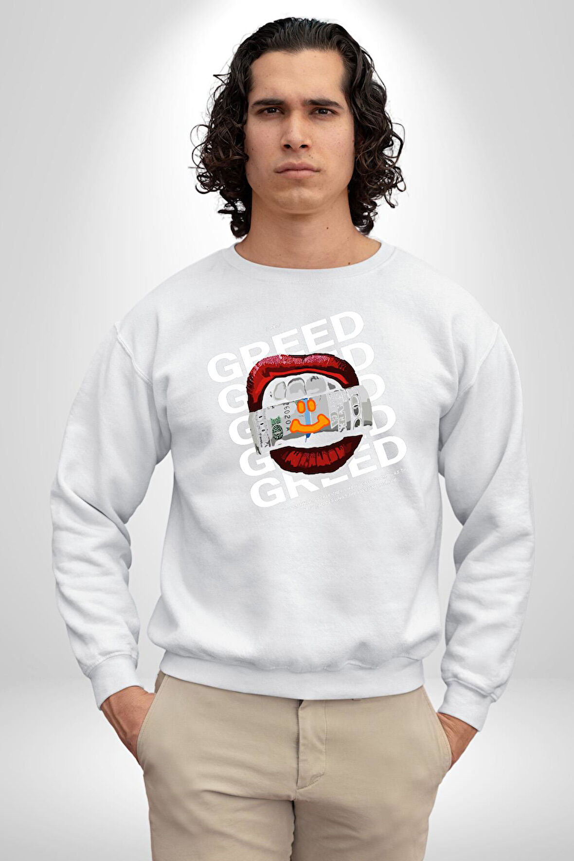 Dudak Dolar Açgözlülük Simgesi Erkek Kadın Unisex Dijital Baskılı Beyaz Sweatshirt