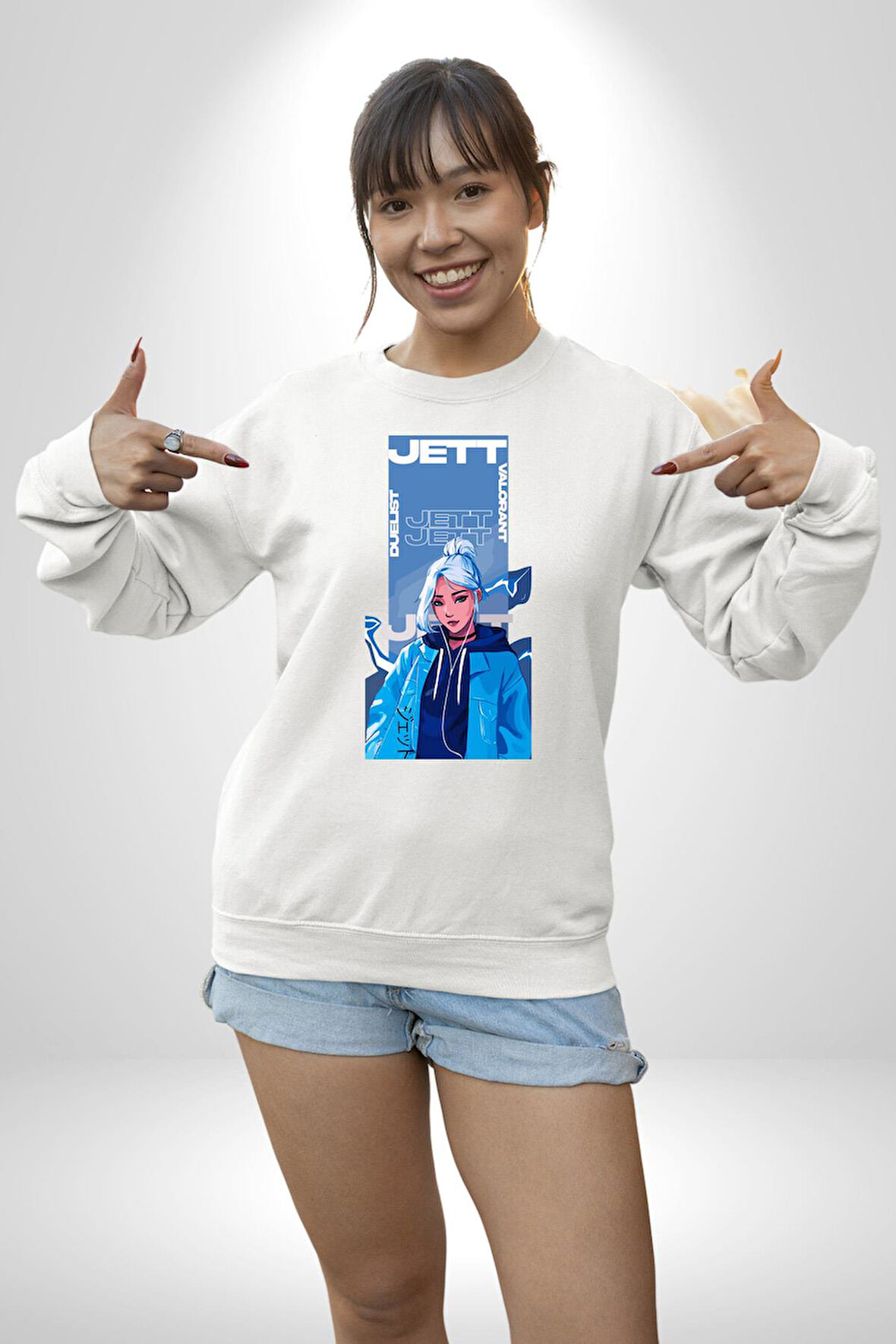 Valorant Jett Fan Art Tişört Tasarımı Erkek Kadın Unisex Dijital Baskılı Beyaz Sweatshirt