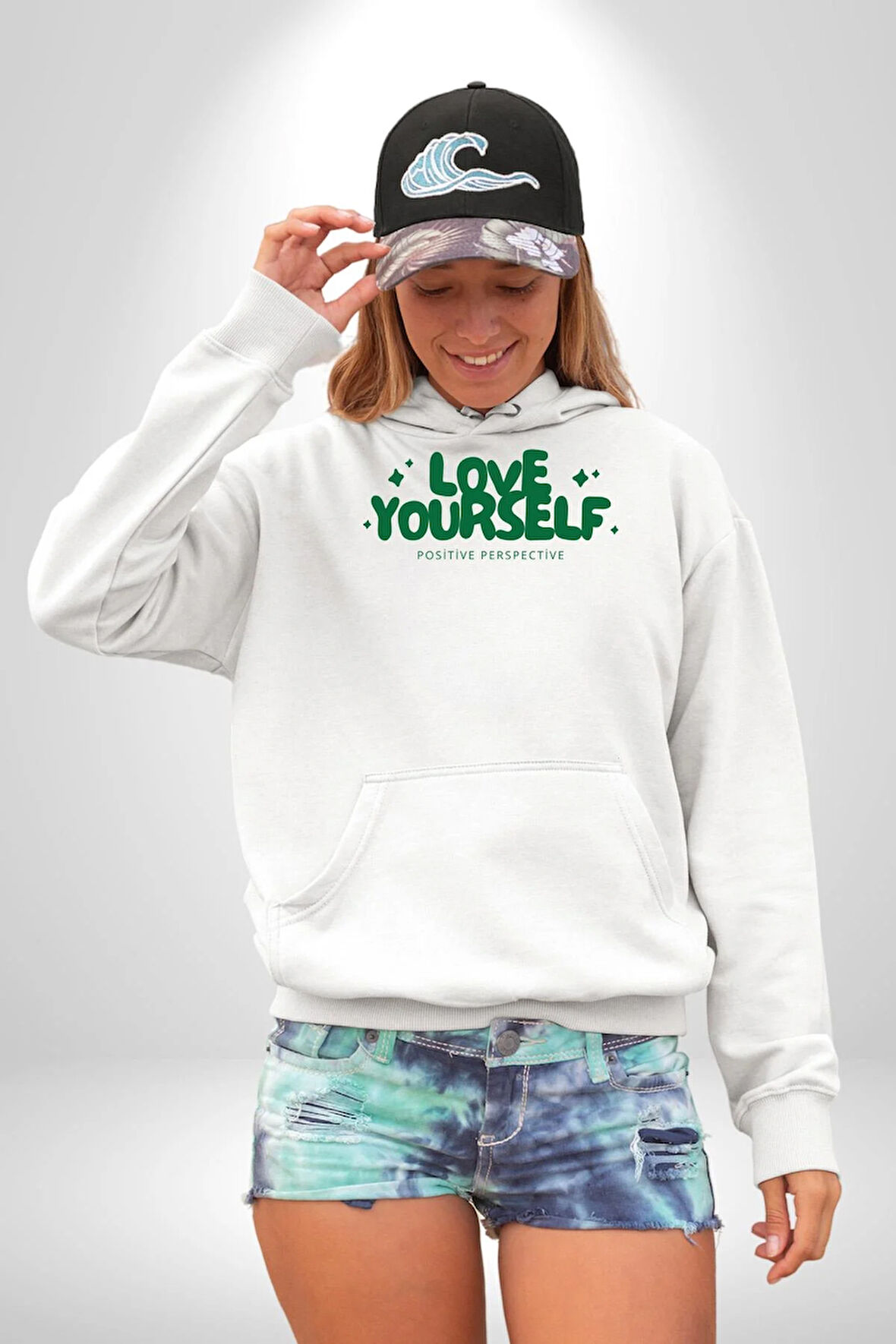 Sev Kendini Olumlu Bakış Açısı Yazılı Erkek Kadın Beyaz Dijital Baskılı Kapüşonlu Sweatshirt Hoodie