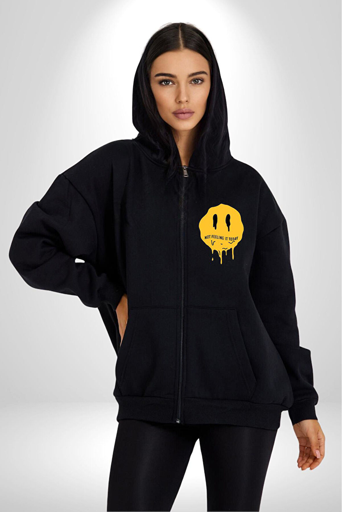 Eriyen Emoji Bugün Hissetmiyorum Erkek Kadın Siyah Fermuarlı Baskılı Hırka Sweatshirt