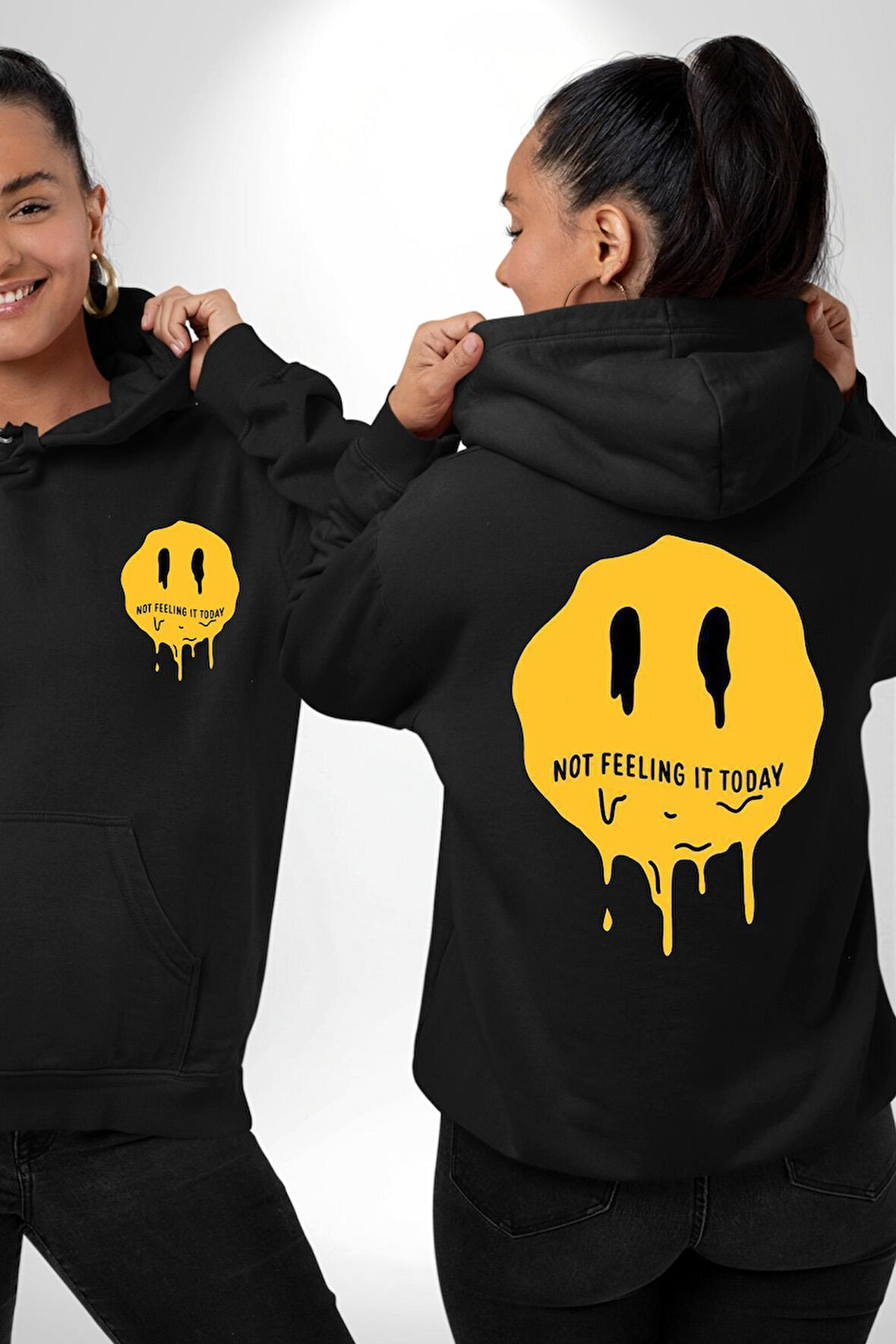 Eriyen Emoji Bugün Hissetmiyorum Erkek Kadın Siyah Ön Sırt Baskılı Kapüşonlu Sweatshirt Hoodie