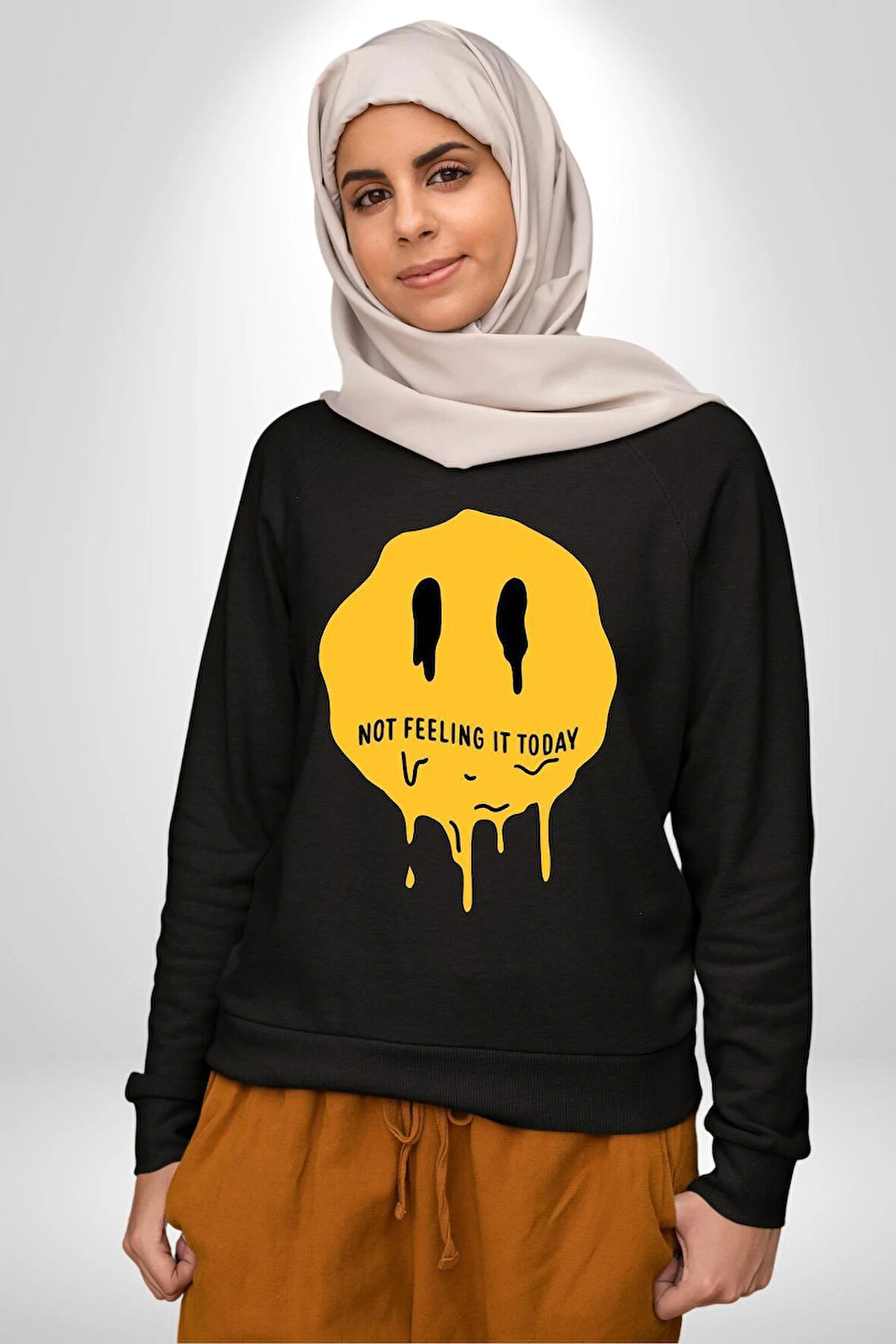 Eriyen Emoji Bugün Hissetmiyorum Erkek Kadın Unisex Dijital Baskılı Siyah Sweatshirt