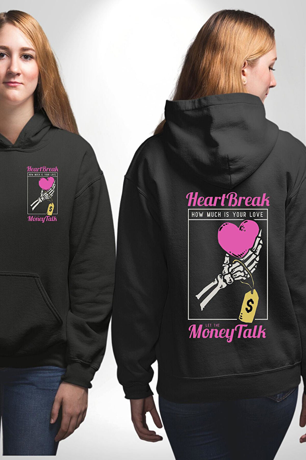Kalp Kırıklığı Aşkın Ne Kadar?Para Konuşalım? Erkek Kadın Siyah Ön Sırt Baskılı Kapüşonlu Sweatshirt Hoodie