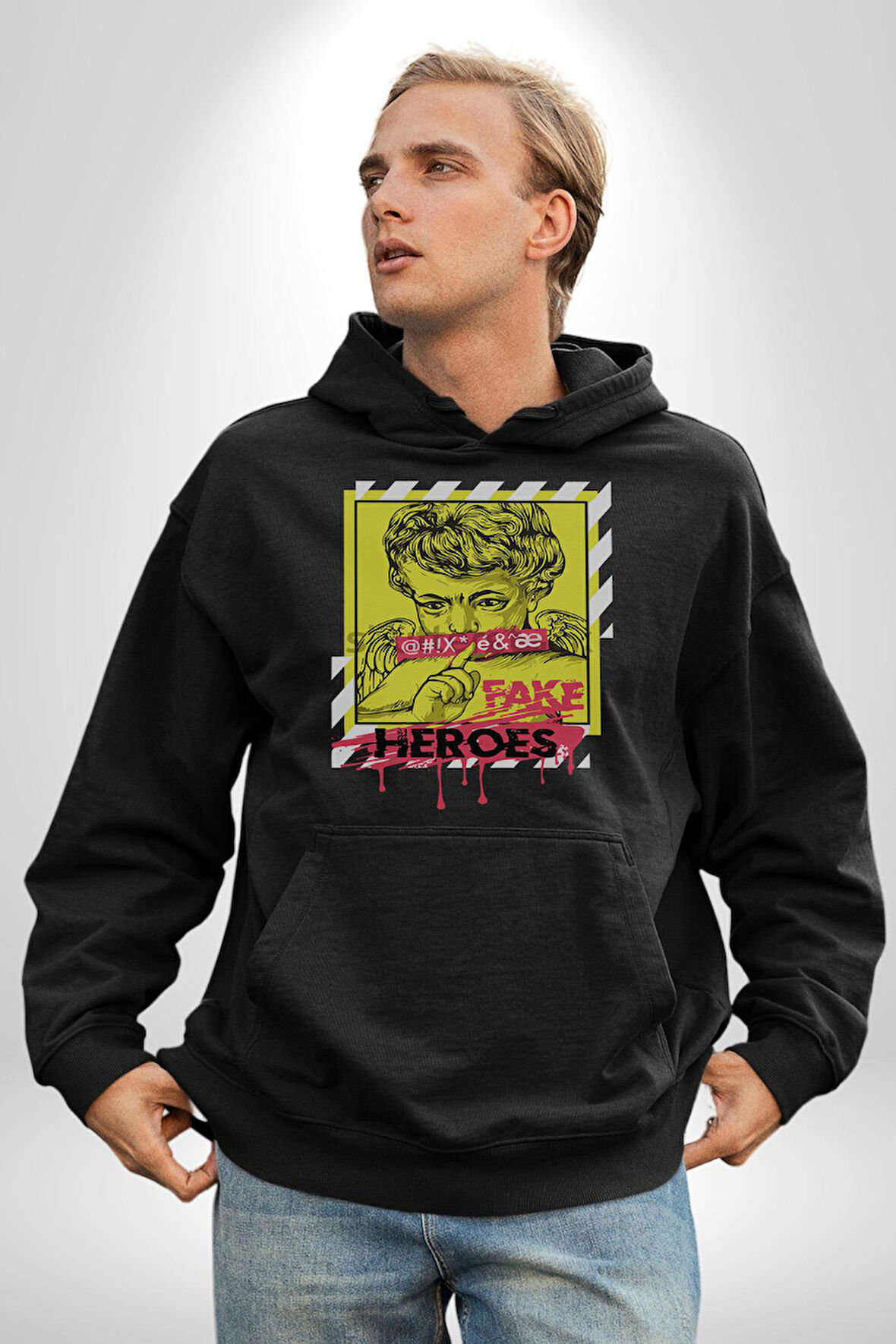 Aşk Meleği Sahte Melek Sus Erkek Kadın Siyah Dijital Baskılı Kapüşonlu Sweatshirt Hoodie