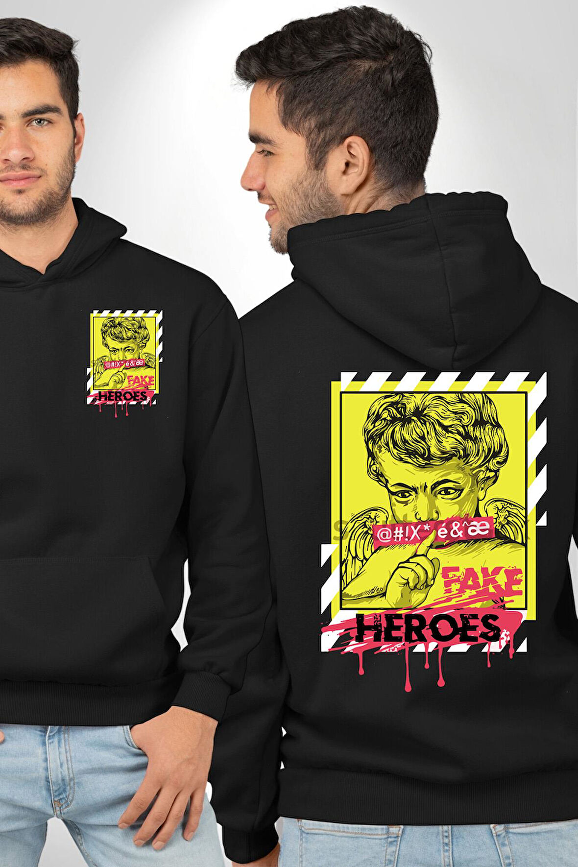 Aşk Meleği Sahte Melek Sus Erkek Kadın Siyah Ön Sırt Baskılı Kapüşonlu Sweatshirt Hoodie