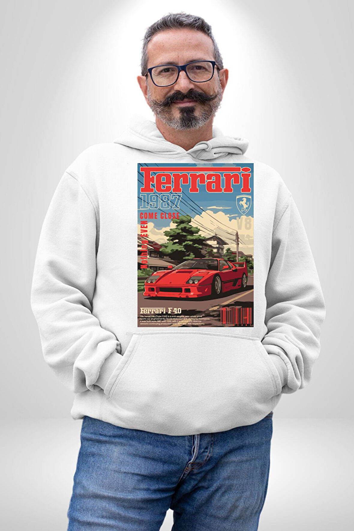 Ferrari F40 Poster 1987 Klasik Araba Erkek Kadın Beyaz Dijital Baskılı Kapüşonlu Sweatshirt Hoodie