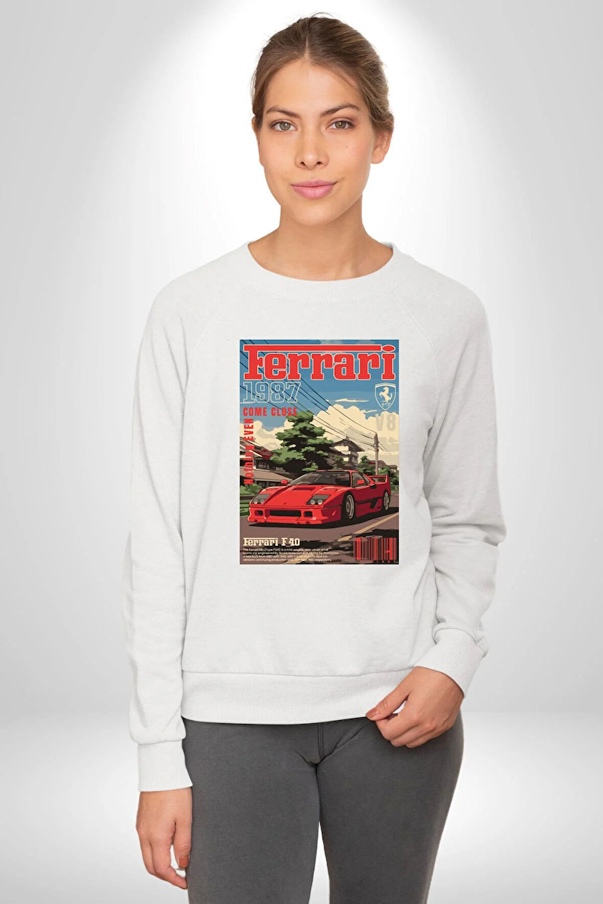 Ferrari F40 Poster 1987 Klasik Araba Erkek Kadın Unisex Dijital Baskılı Beyaz Sweatshirt