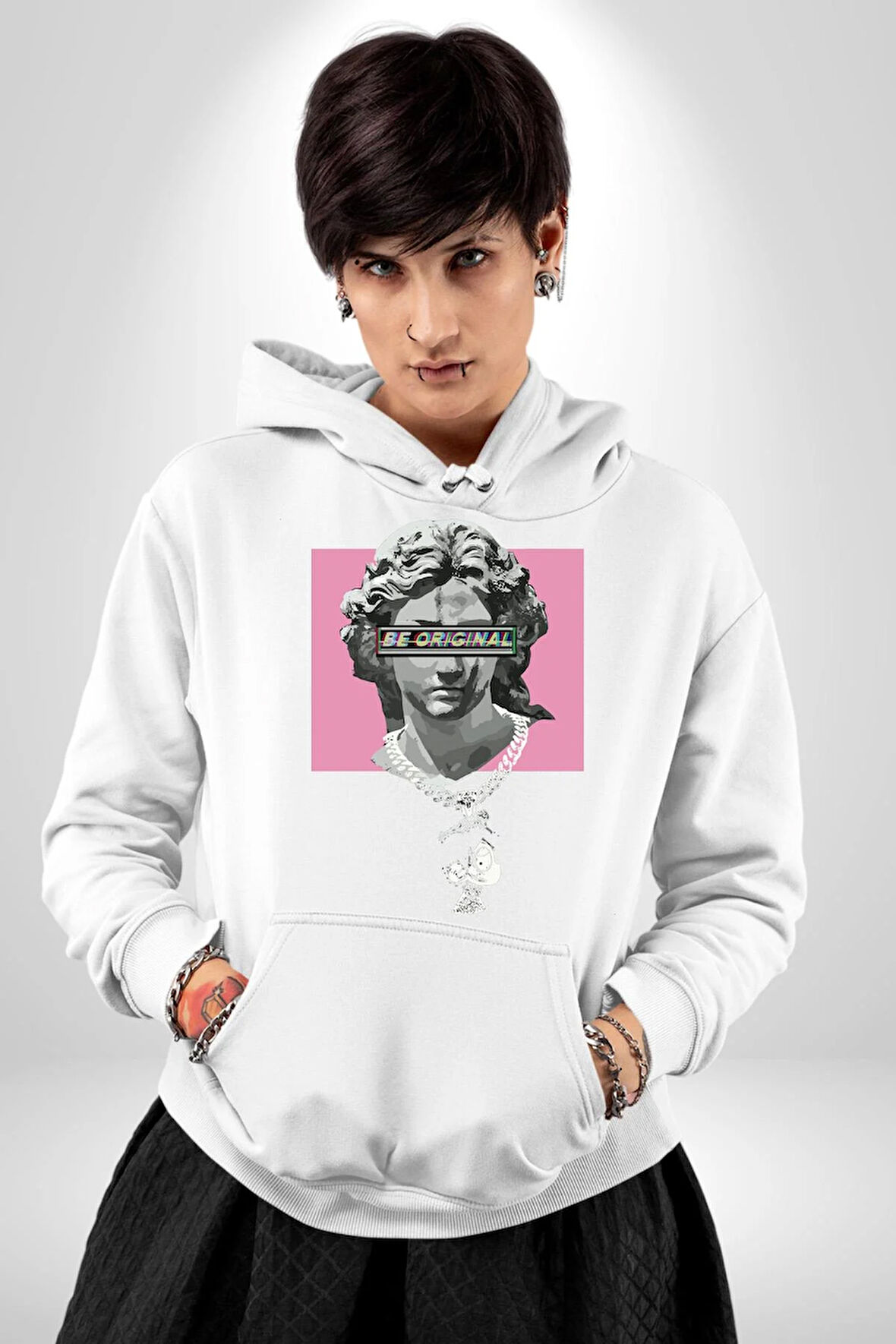 Özgün Ol.Rönesans Heykel Erkek Kadın Beyaz Dijital Baskılı Kapüşonlu Sweatshirt Hoodie