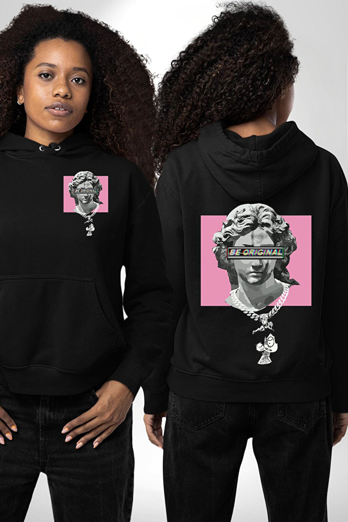 Özgün Ol.Rönesans Heykel Erkek Kadın Siyah Ön Sırt Baskılı Kapüşonlu Sweatshirt Hoodie
