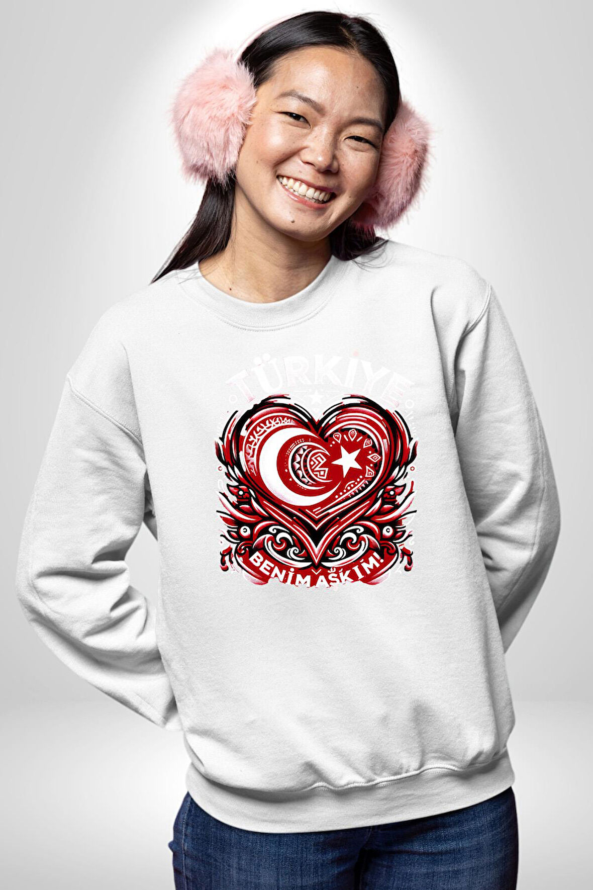 Türkiye Ay Yıldız Kırmızı Beyaz Kalp Erkek Kadın Unisex Dijital Baskılı Beyaz Sweatshirt