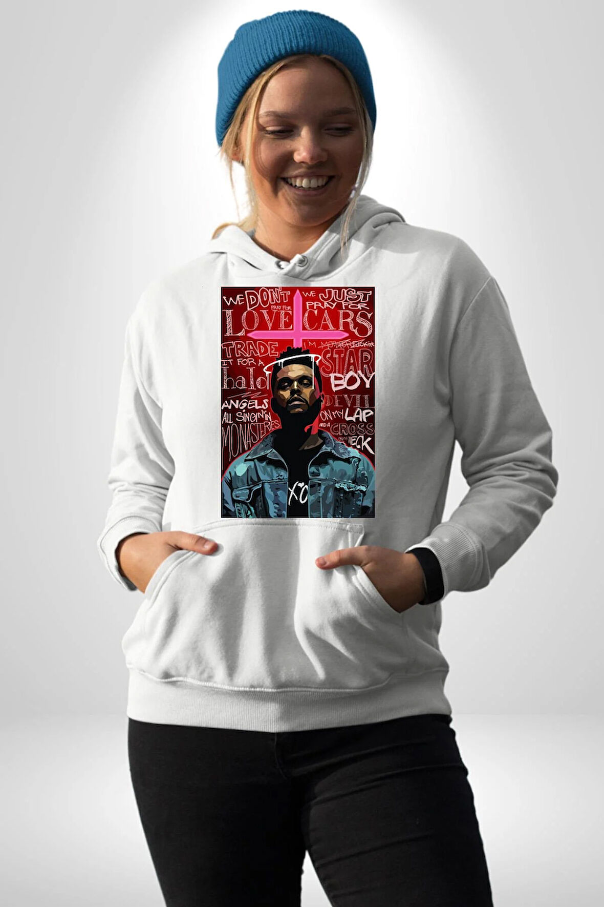 The Weeknd Erkek Kadın Beyaz Dijital Baskılı Kapüşonlu Sweatshirt Hoodie