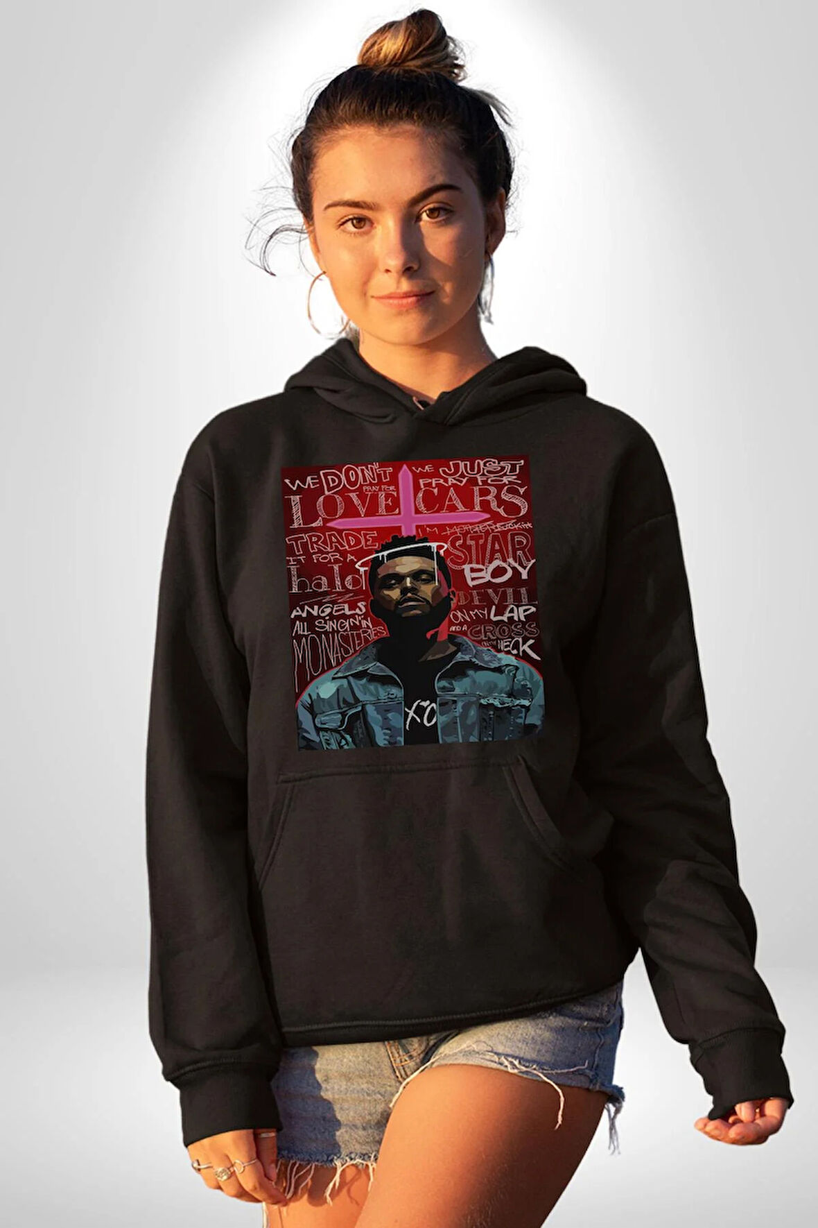 The Weeknd Erkek Kadın Siyah Dijital Baskılı Kapüşonlu Sweatshirt Hoodie