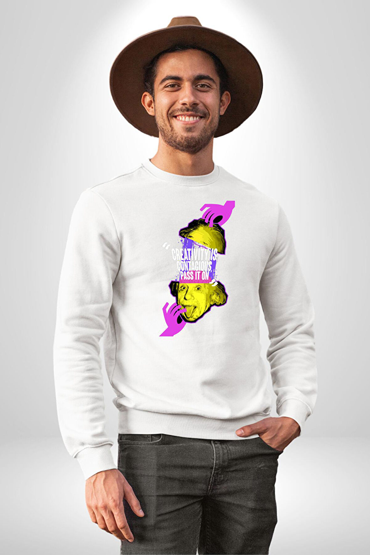 Einstein Retro Dil Çıkarma Devam Ettir Erkek Kadın Unisex Dijital Baskılı Beyaz Sweatshirt