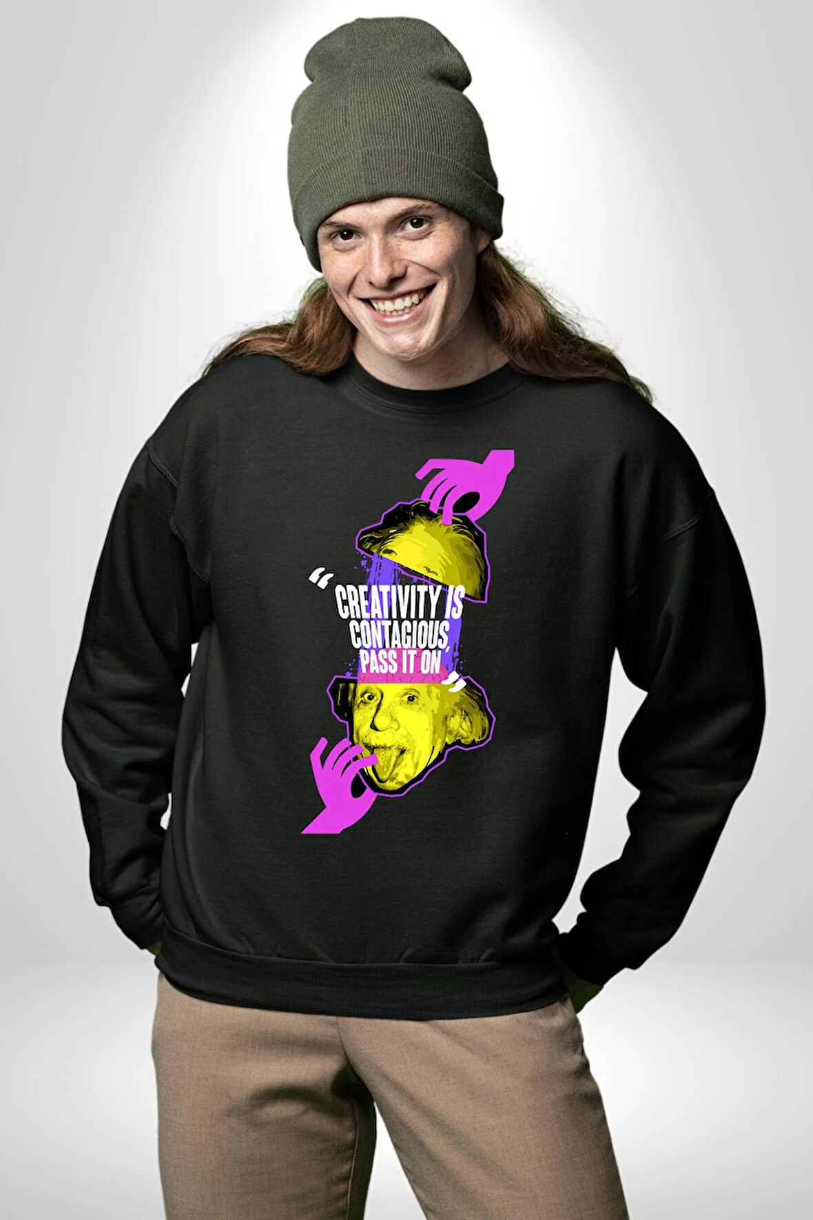 Einstein Retro Dil Çıkarma Devam Ettir Erkek Kadın Unisex Dijital Baskılı Siyah Sweatshirt