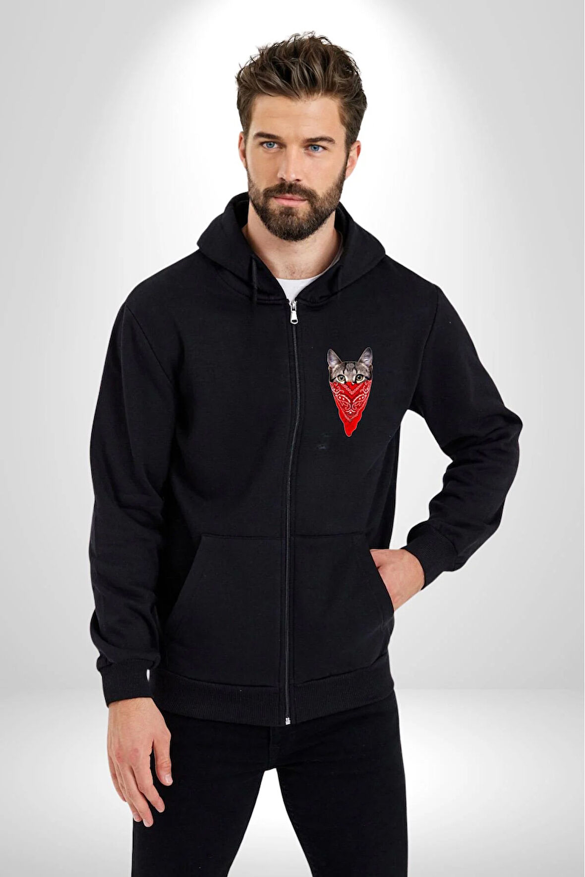 Maske Gangester Kedi Erkek Kadın Siyah Fermuarlı Baskılı Hırka Sweatshirt