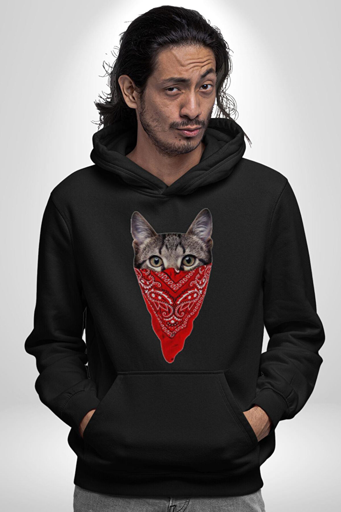 Maske Gangester Kedi Erkek Kadın Siyah Dijital Baskılı Kapüşonlu Sweatshirt Hoodie