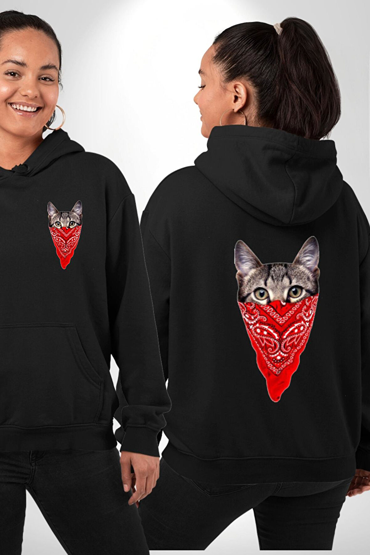 Maske Gangester Kedi Erkek Kadın Siyah Ön Sırt Baskılı Kapüşonlu Sweatshirt Hoodie