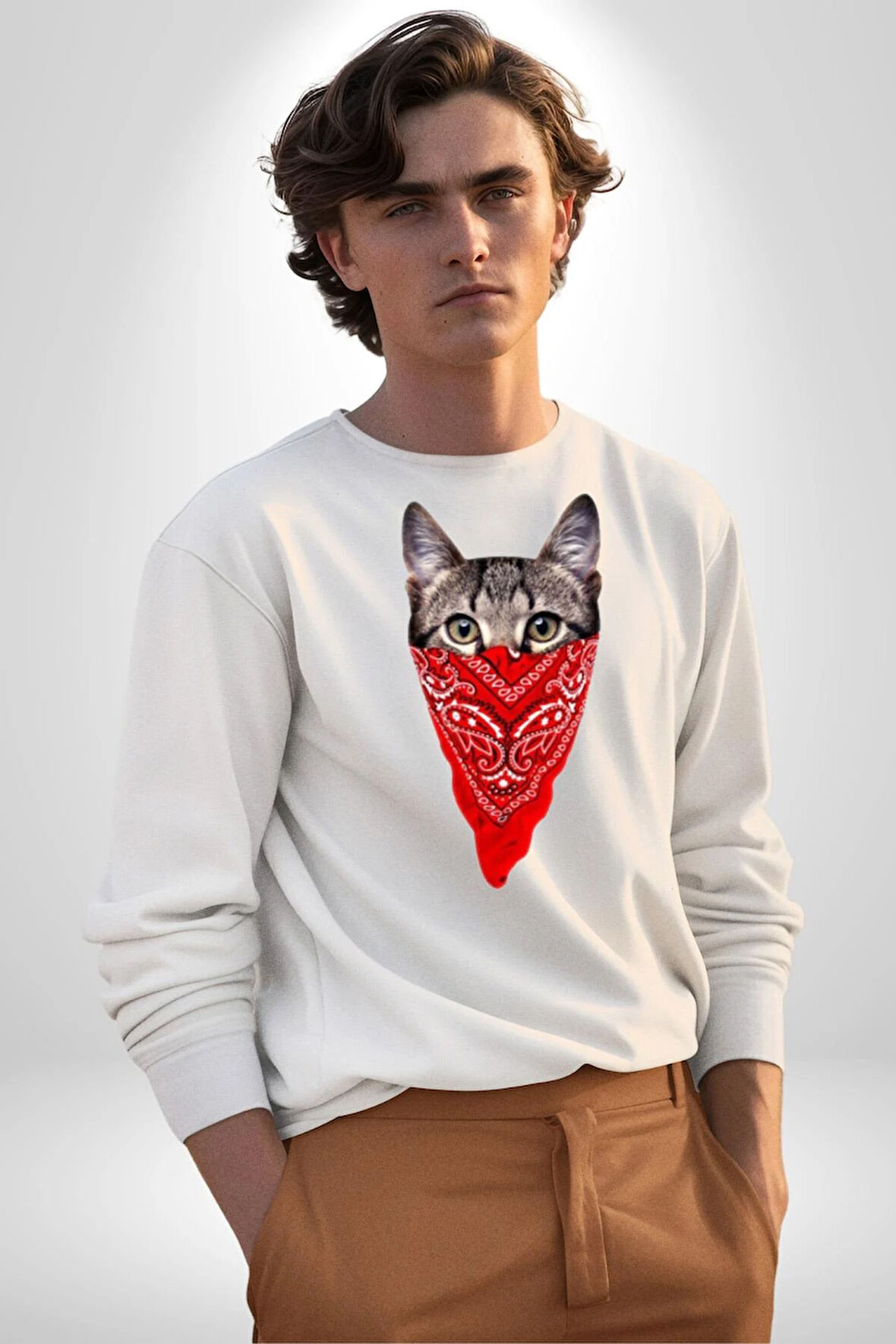 Maske Gangester Kedi Erkek Kadın Unisex Dijital Baskılı Beyaz Sweatshirt