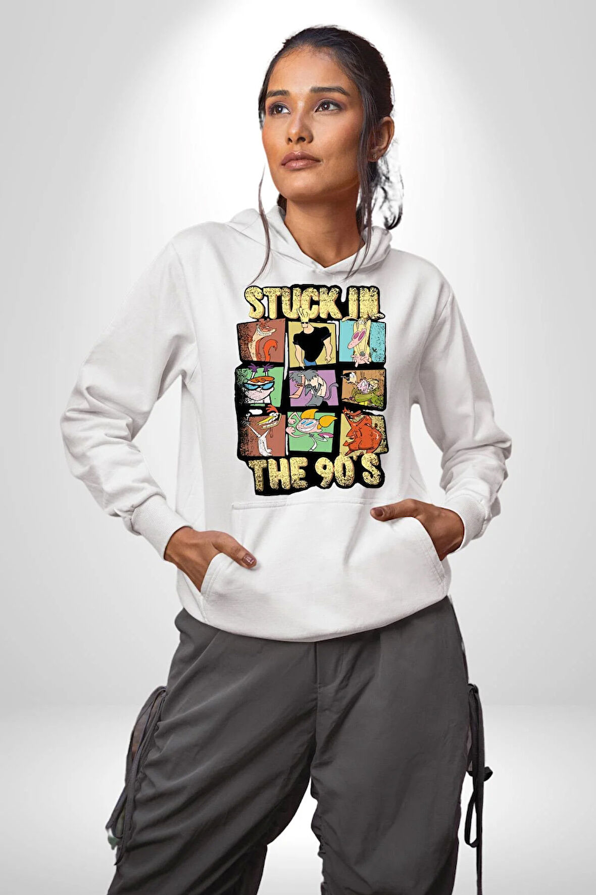Retro 90'lar Çizgi Film Tasarım Erkek Kadın Beyaz Dijital Baskılı Kapüşonlu Sweatshirt Hoodie