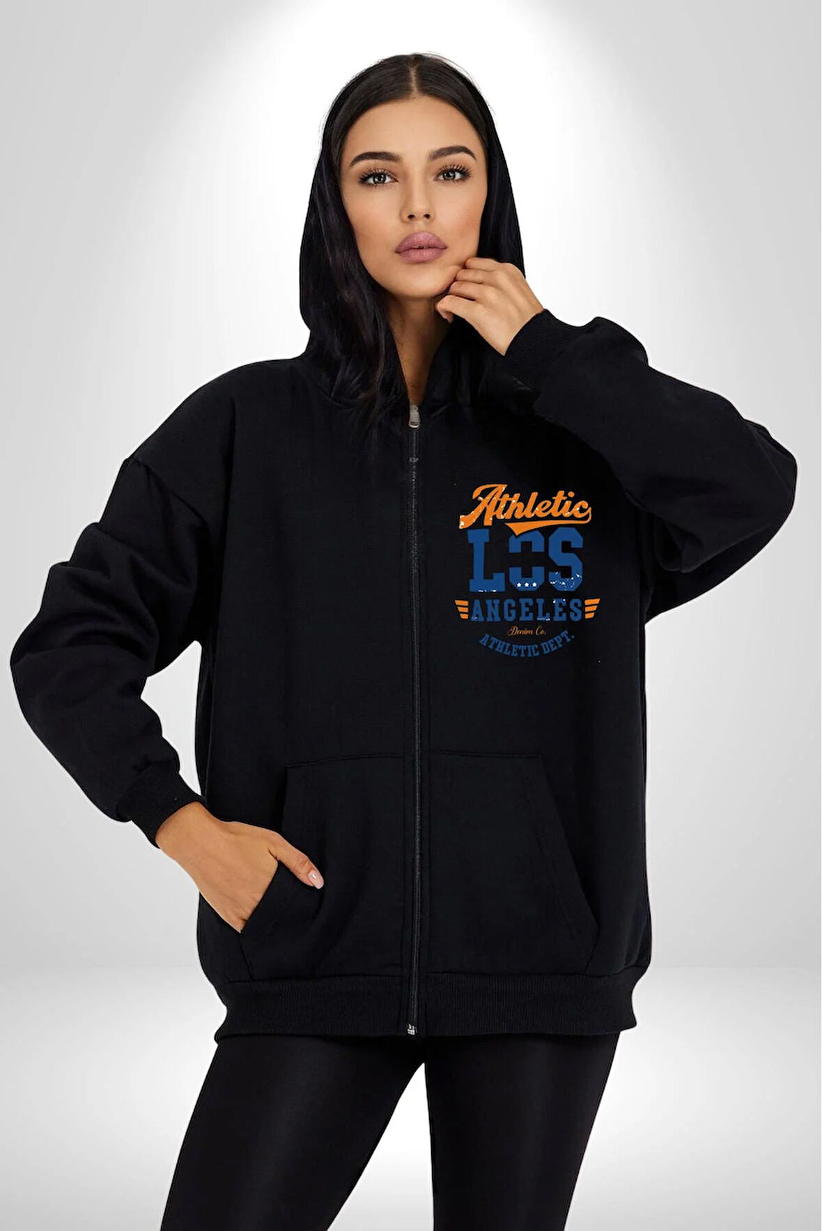 Atletic Los Angeles Erkek Kadın Siyah Fermuarlı Baskılı Hırka Sweatshirt