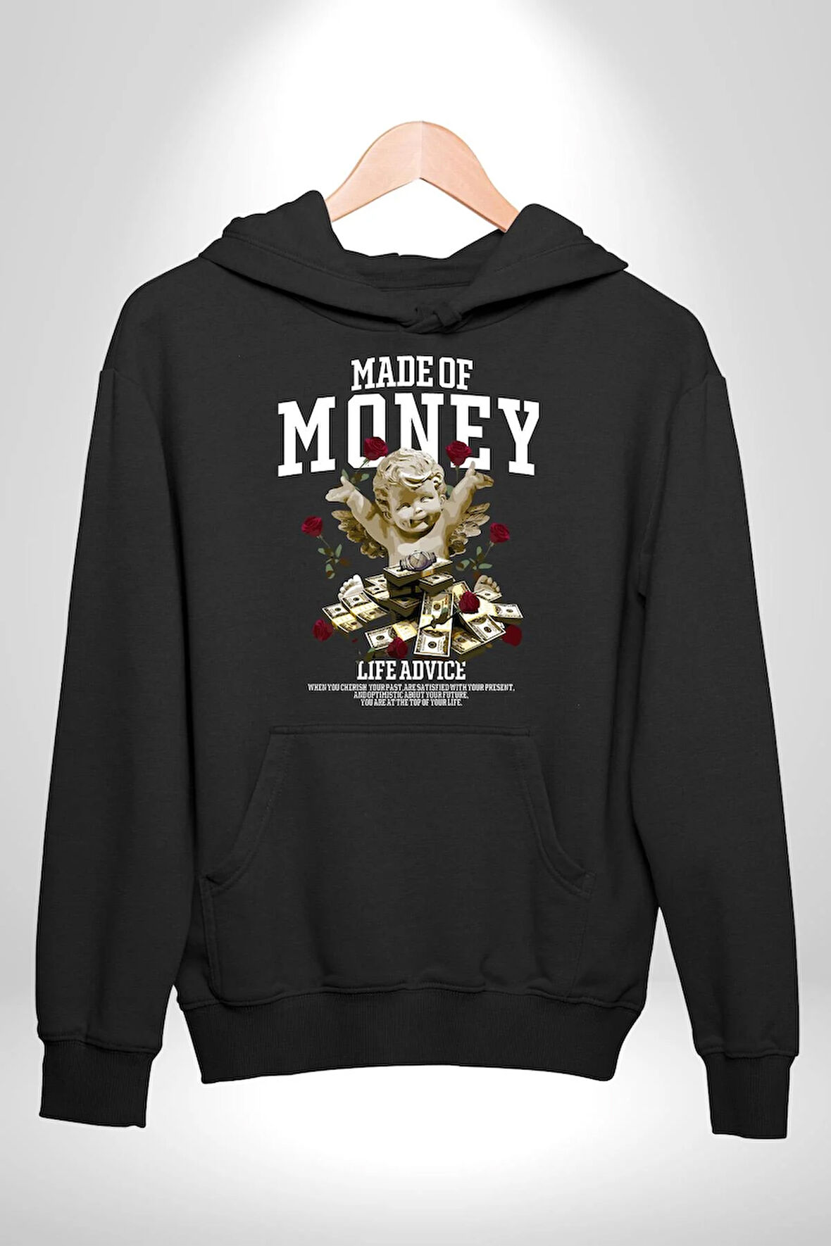 Aşk Meleği Para Kazandım Hayat Tavsiyesi Erkek Kadın Siyah Dijital Baskılı Kapüşonlu Sweatshirt Hoodie