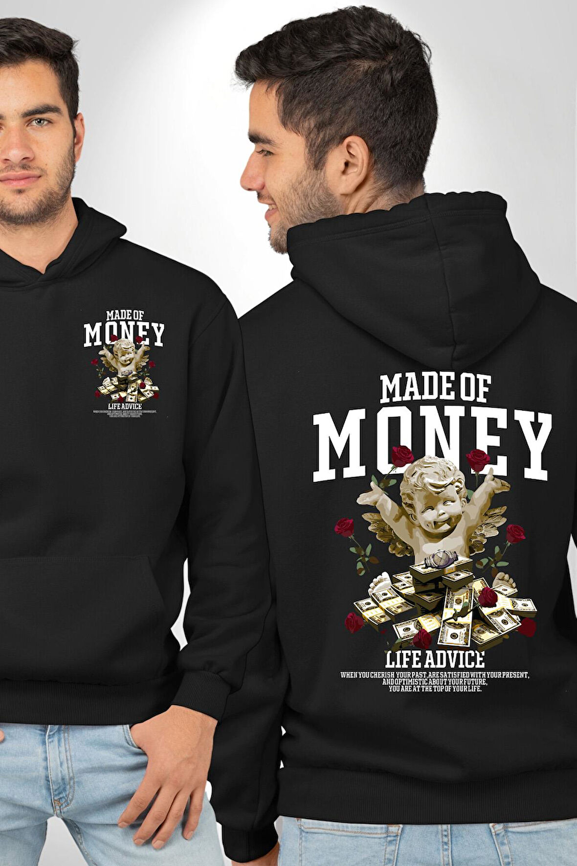 Aşk Meleği Para Kazandım Hayat Tavsiyesi Erkek Kadın Siyah Ön Sırt Baskılı Kapüşonlu Sweatshirt Hoodie