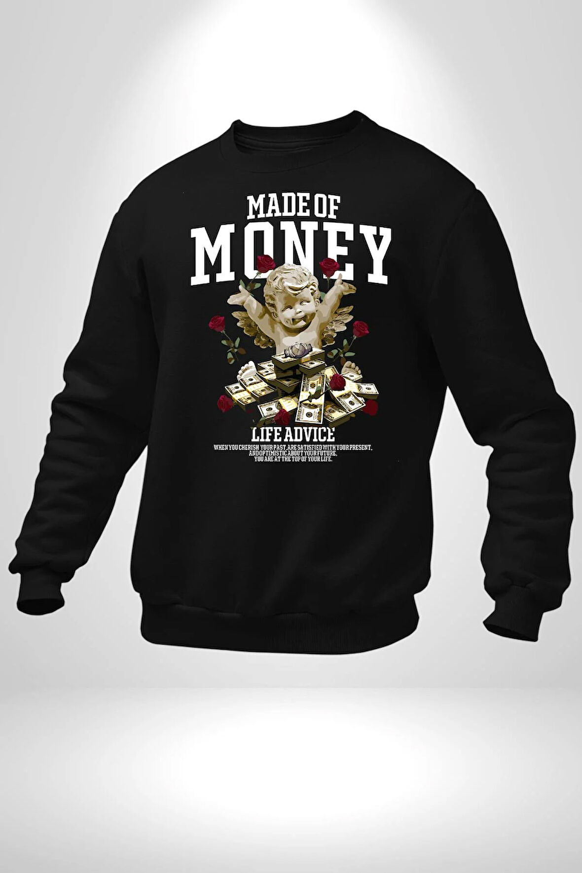 Aşk Meleği Para Kazandım Hayat Tavsiyesi Erkek Kadın Unisex Dijital Baskılı Siyah Sweatshirt