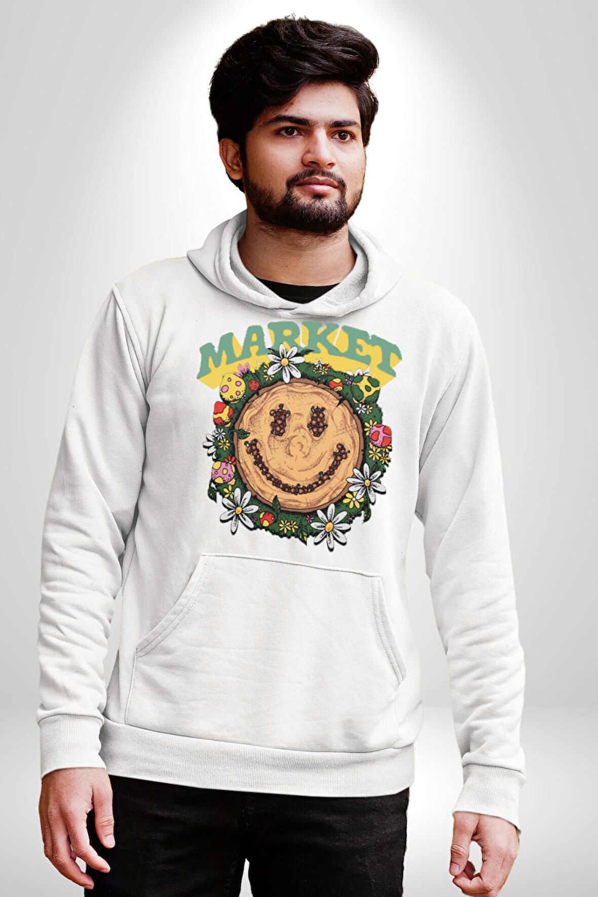 Gülen Market Ağaç Çiçek Mantar Erkek Kadın Beyaz Dijital Baskılı Kapüşonlu Sweatshirt Hoodie