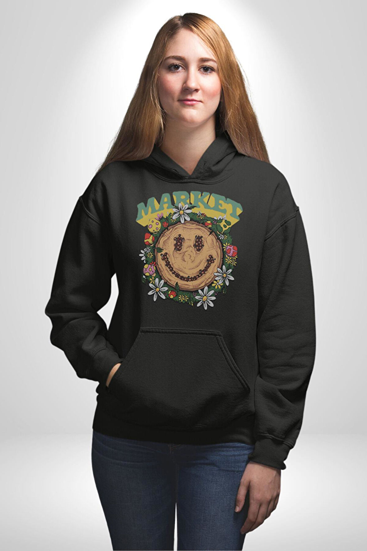 Gülen Market Ağaç Çiçek Mantar Erkek Kadın Siyah Dijital Baskılı Kapüşonlu Sweatshirt Hoodie