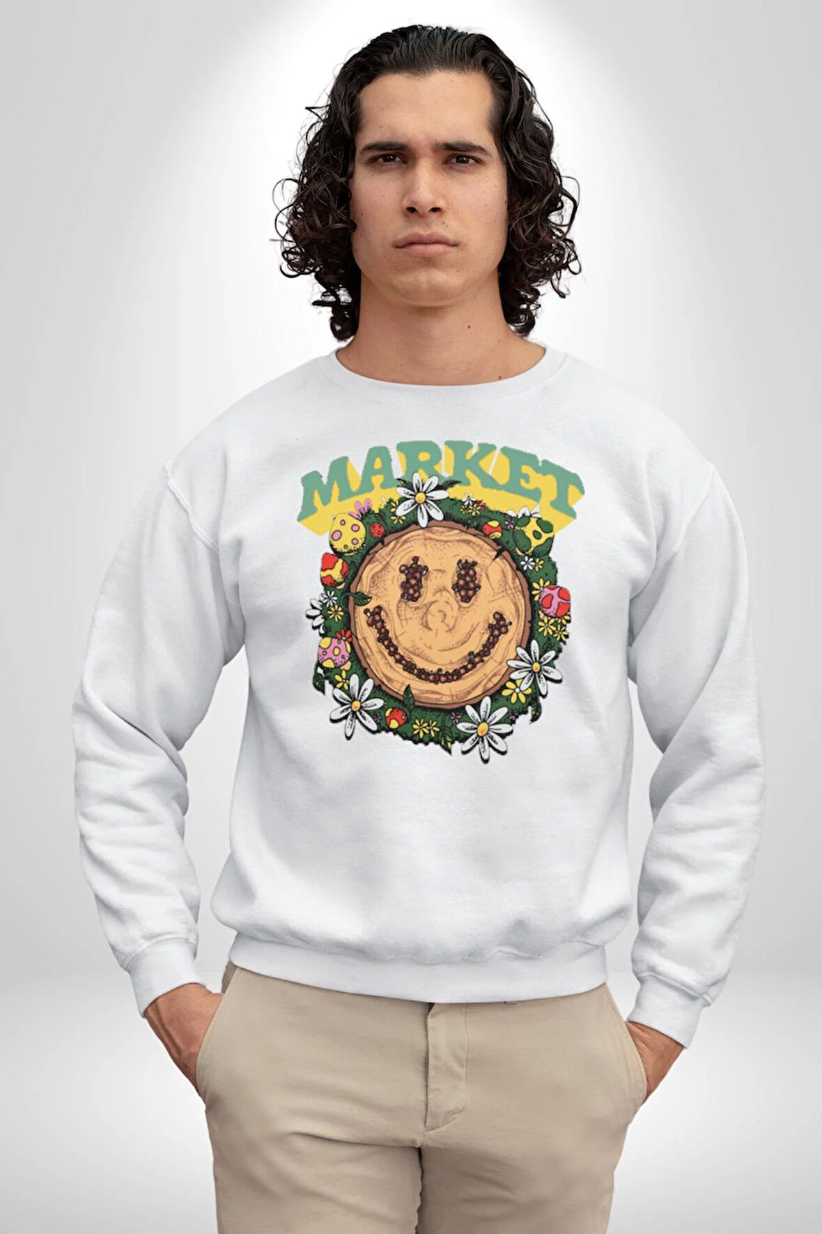 Gülen Market Ağaç Çiçek Mantar Erkek Kadın Unisex Dijital Baskılı Beyaz Sweatshirt