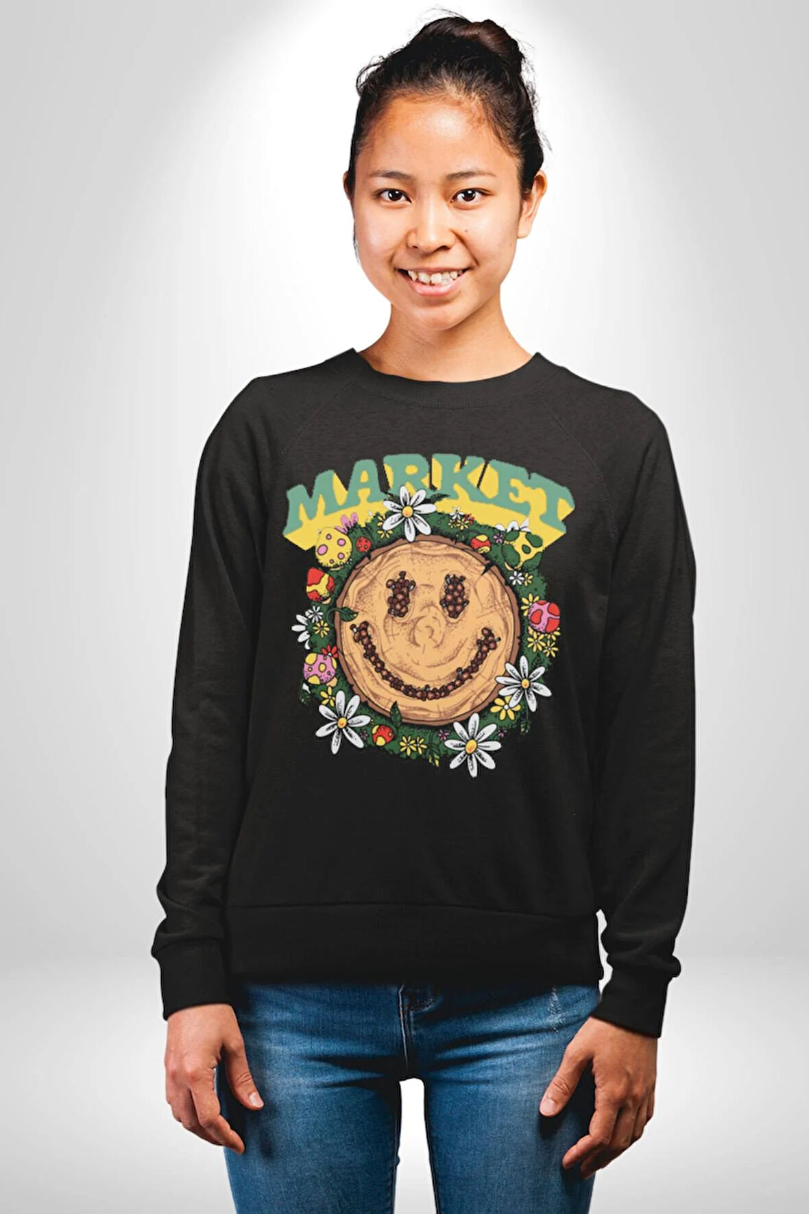 Gülen Market Ağaç Çiçek Mantar Erkek Kadın Unisex Dijital Baskılı Siyah Sweatshirt