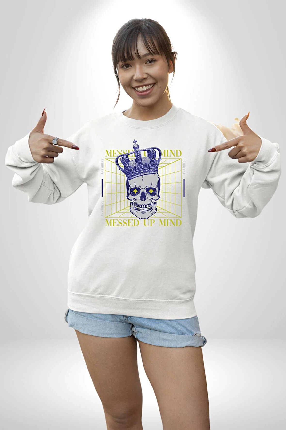 Adil Zihin Karışın Zihin Kral İskelet Erkek Kadın Unisex Dijital Baskılı Beyaz Sweatshirt