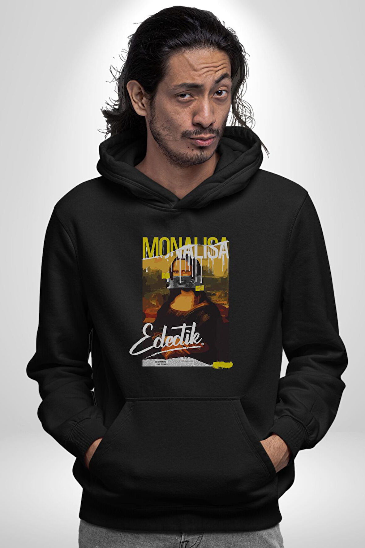 Monalisa Elektrik Özel Yapay Zeka Tasarımı  Erkek Kadın Siyah Dijital Baskılı Kapüşonlu Sweatshirt Hoodie