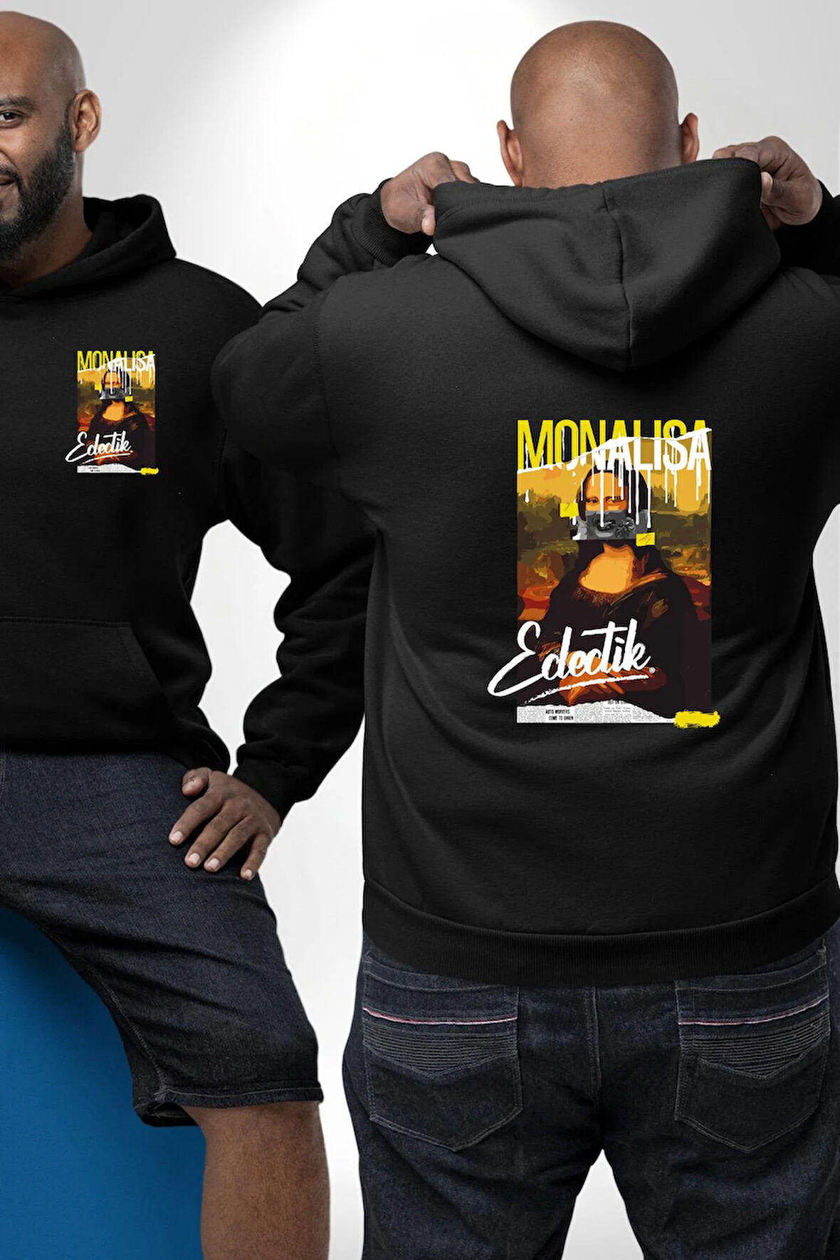Monalisa Elektrik Özel Yapay Zeka Tasarımı  Erkek Kadın Siyah Ön Sırt Baskılı Kapüşonlu Sweatshirt Hoodie