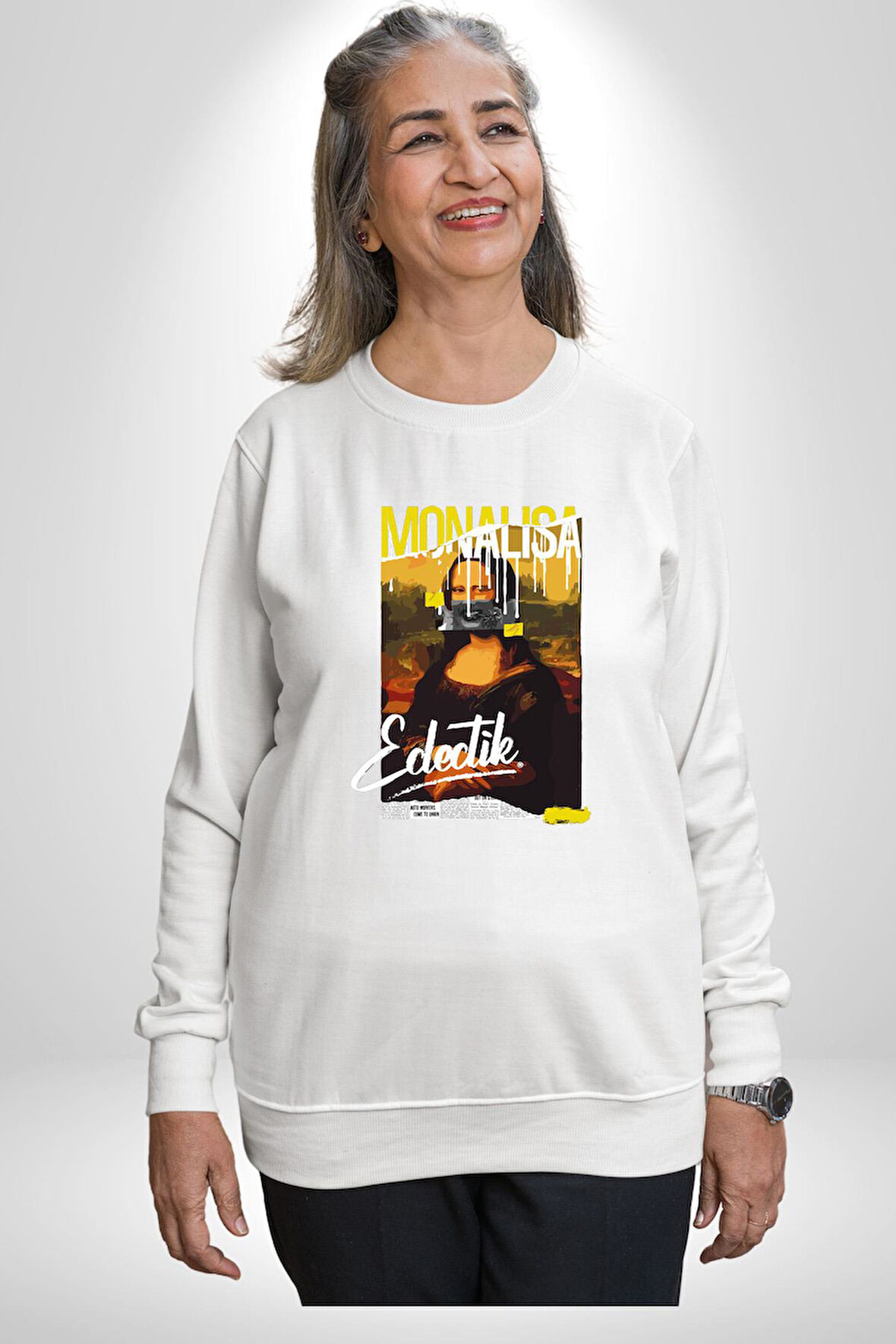 Monalisa Elektrik Özel Yapay Zeka Tasarımı  Erkek Kadın Unisex Dijital Baskılı Beyaz Sweatshirt