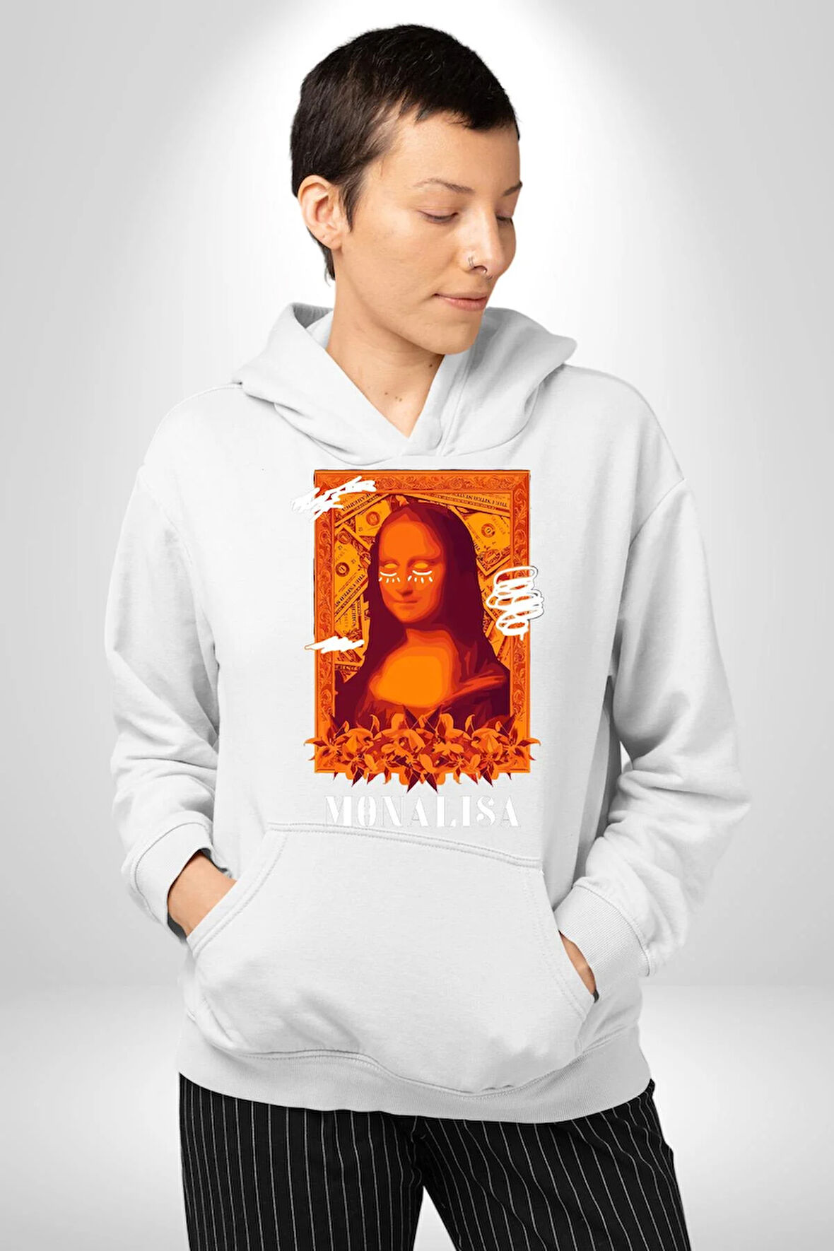 Yeni Nesil Monalisa Erkek Kadın Beyaz Dijital Baskılı Kapüşonlu Sweatshirt Hoodie