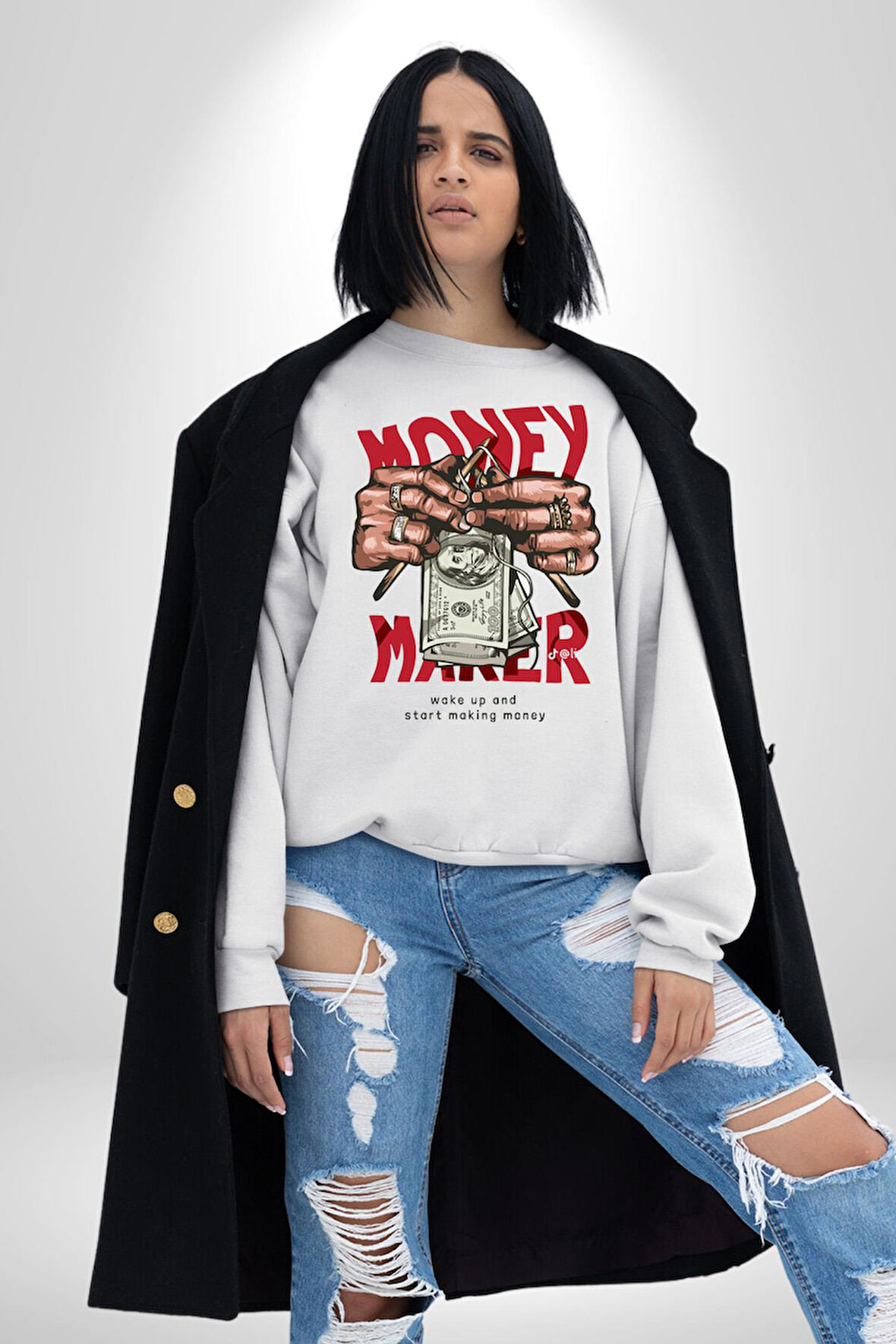 Uyan Ve Para Kazanmaya Başla Sokak Style Erkek Kadın Unisex Dijital Baskılı Beyaz Sweatshirt