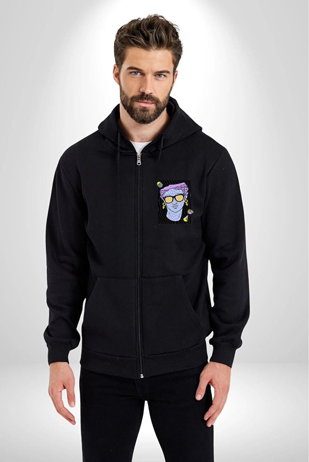 Sadece Piskoloji Erkek Kadın Siyah Fermuarlı Baskılı Hırka Sweatshirt