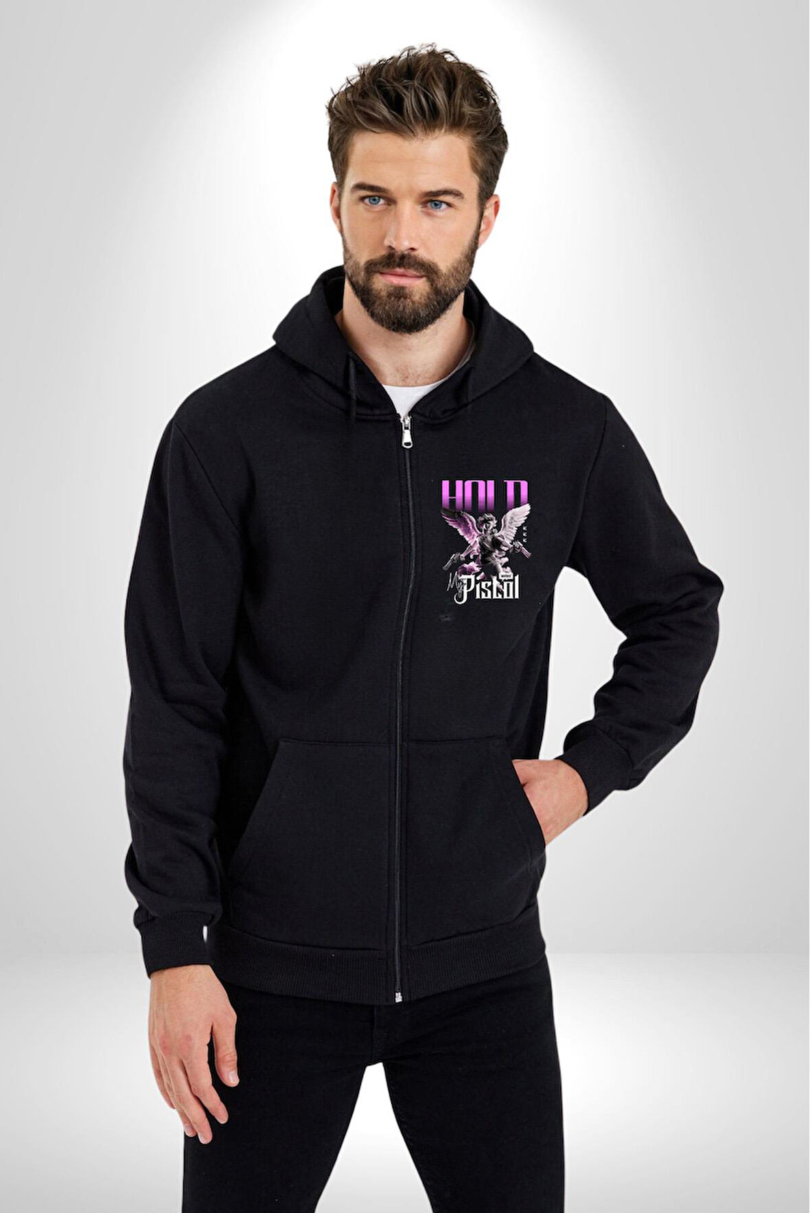 Sokak Stili Katil Aşk Meleği Erkek Kadın Siyah Fermuarlı Baskılı Hırka Sweatshirt